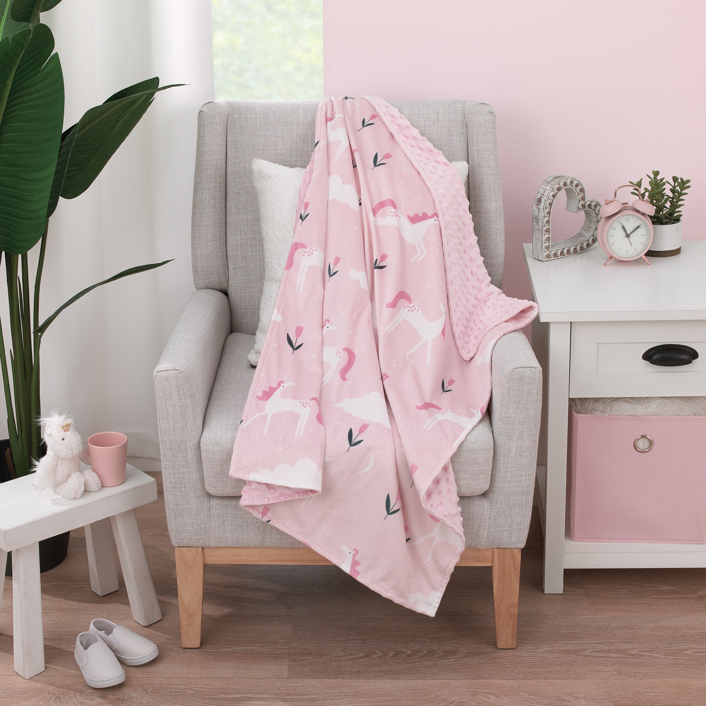 Unicorn Pink, White, and Teal Clouds and Flowers Super Soft Baby Blanket
