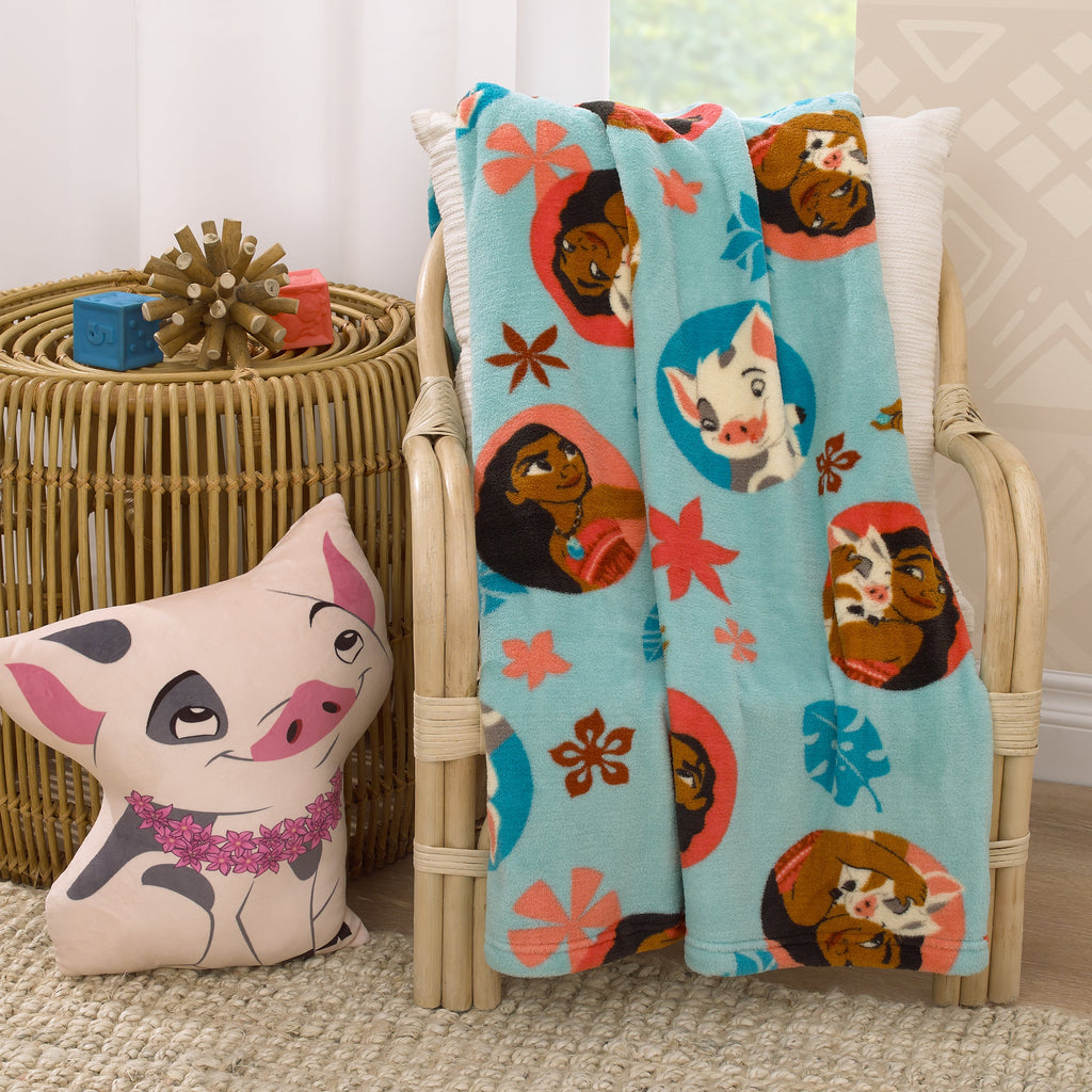 Moana Free as the Ocean Aqua, Orange, and White, Pua Pig, and Hei Hei Chicken Super Soft Toddler Blanket