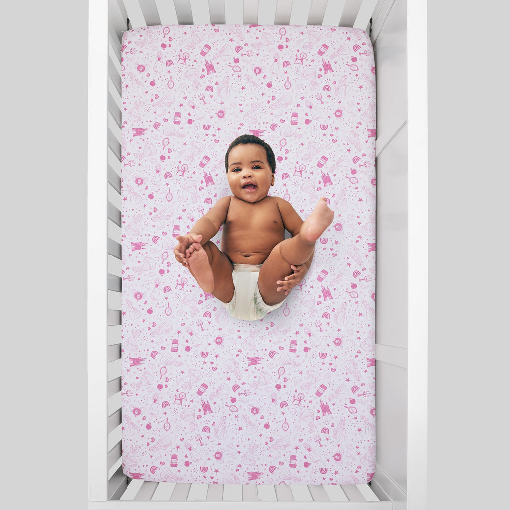 Princess - Dare to Dream White and Pink Castle, Hearts and Stars Fitted Crib Sheet