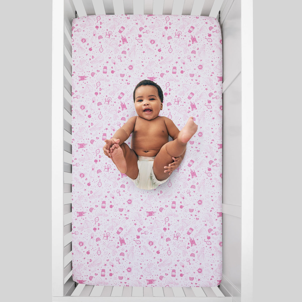 Princess - Dare to Dream White and Pink Castle, Hearts and Stars Fitted Crib Sheet