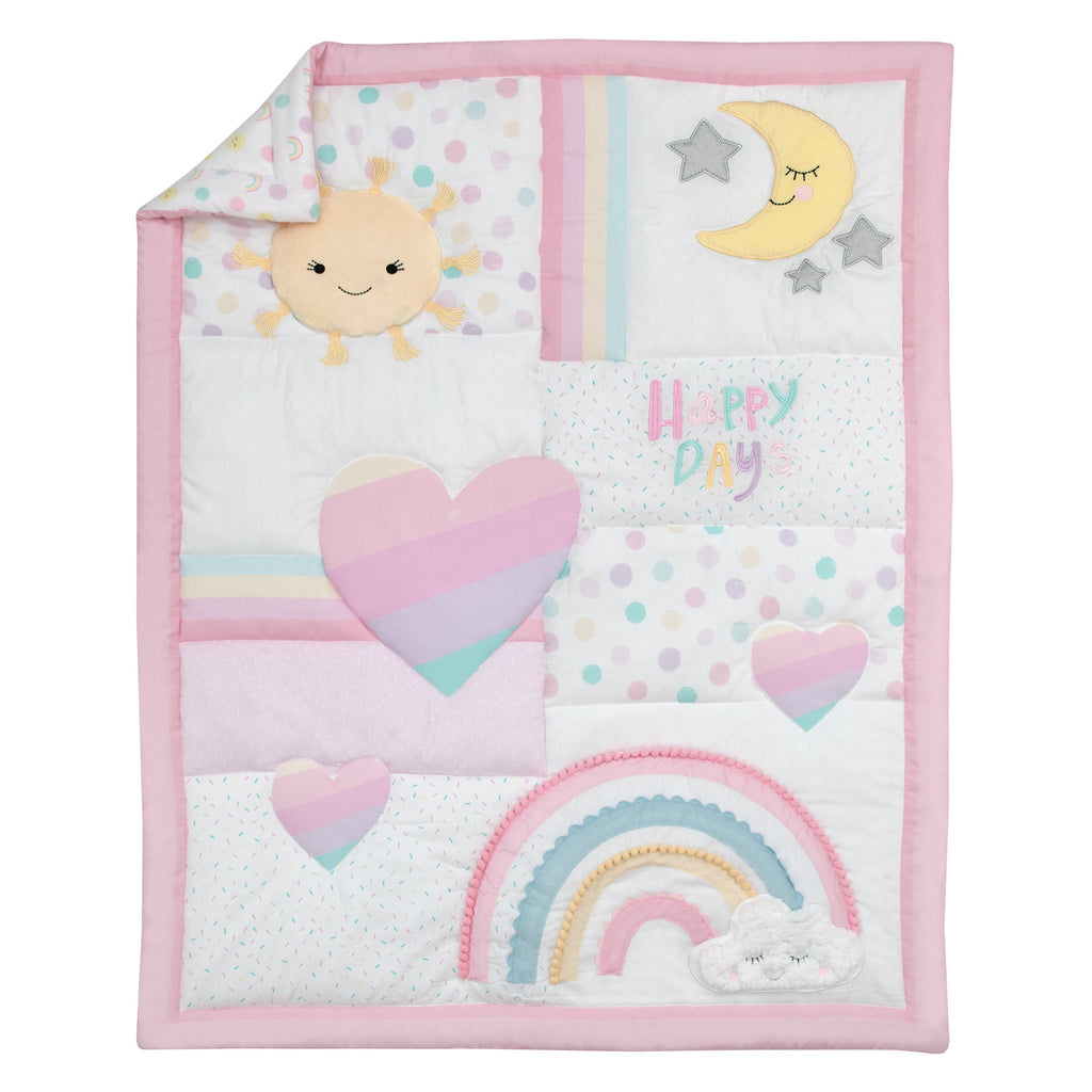 Happy Days Pink, White, and Yellow Rainbows and Sunshine 4 Piece Nursery Crib Bedding Set - Comforter, 100% Cotton Fitted Crib Sheet, Crib Skirt and Reversible Storage