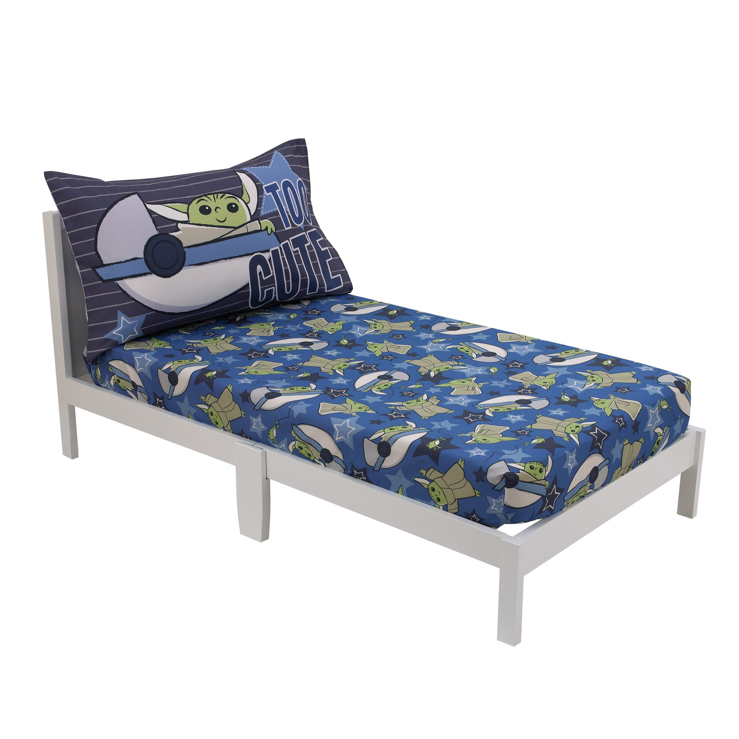The Child Cutest in the Galaxy Blue, Green, and Gray Grogu and Hover Pod 2 Piece Toddler Sheet Set - Fitted Bottom Sheet and Reversible Pillowcase