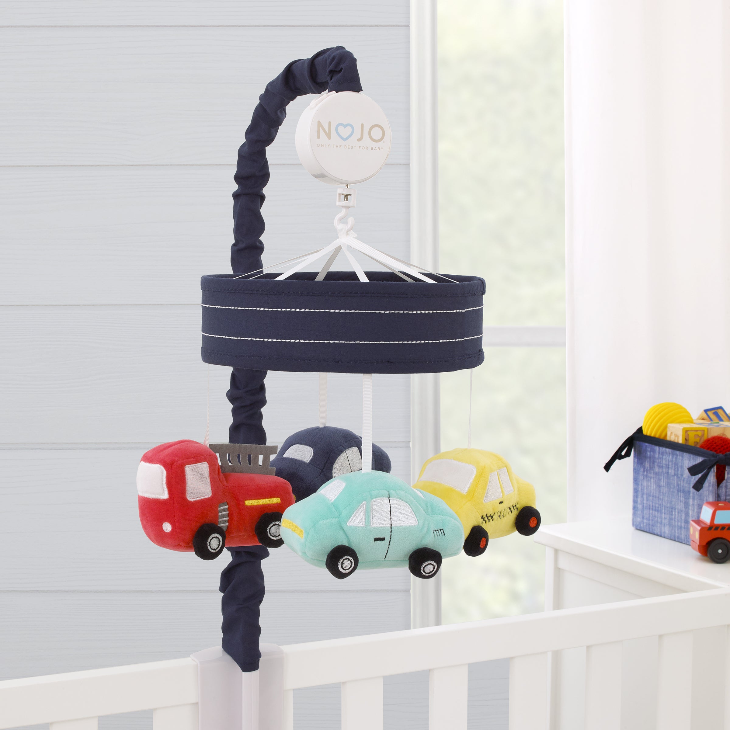 Transportation Trails Navy, Yellow, and Red Fire Engine, Cars, and Taxi Plush Musical Mobile