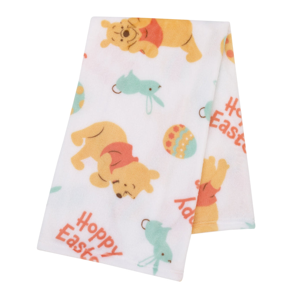 Winnie the Pooh Aqua, Tan, Red, and White Hoppy Easter Super Soft Plush Baby Blanket