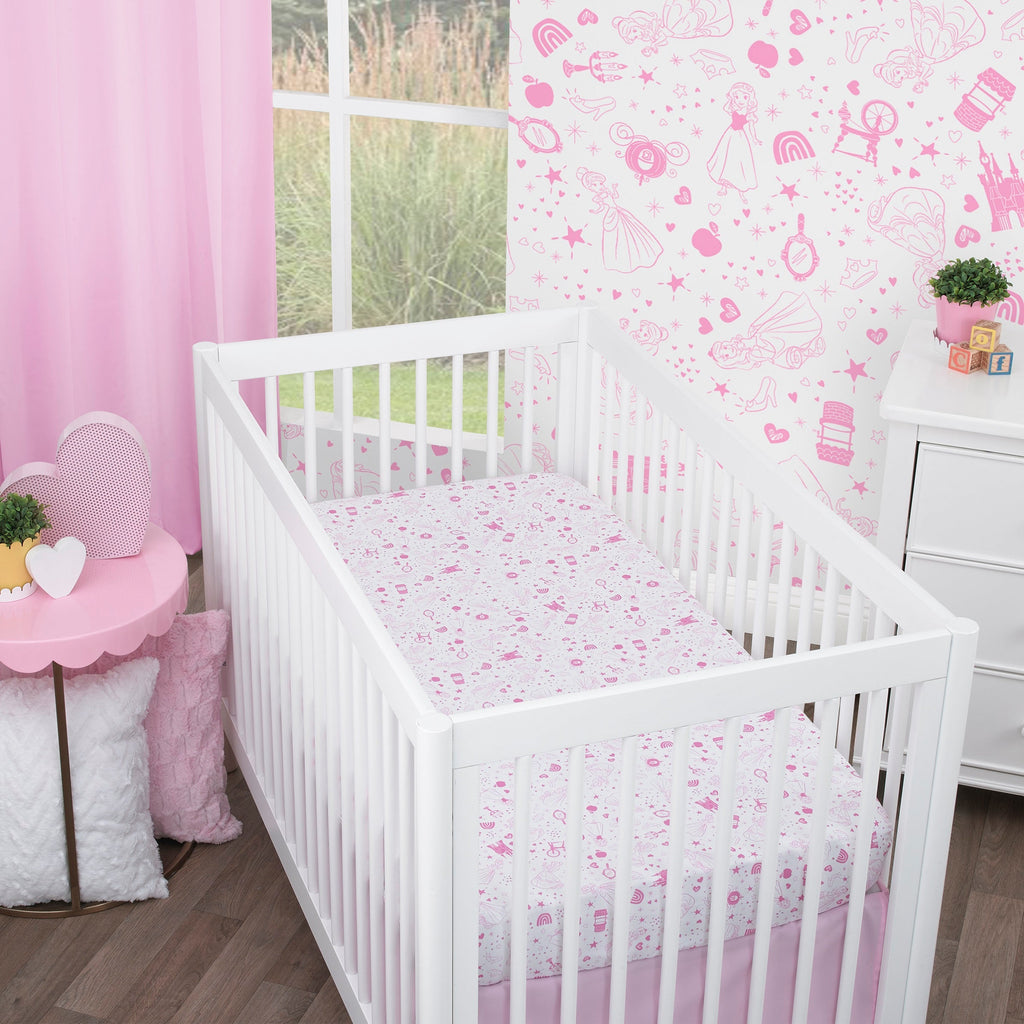 Princess - Dare to Dream White and Pink Castle, Hearts and Stars Fitted Crib Sheet