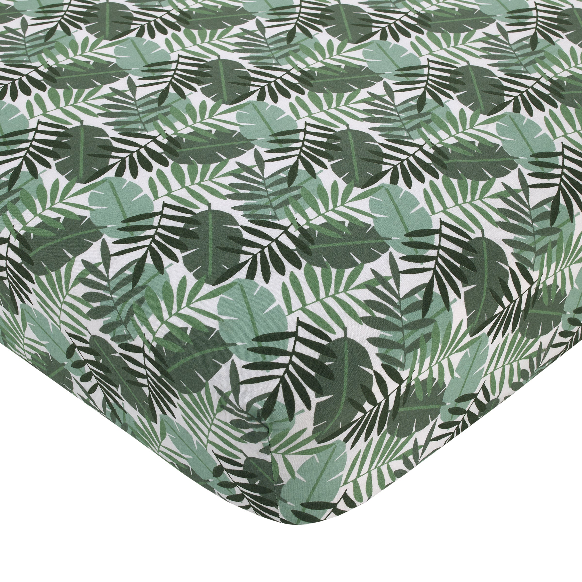 Jungle Paradise Green, Gray, and Tan Lion, Sloth, and Leopard Palm Leaf 4 Piece Nursery Crib Bedding Set - Comforter, 100% Cotton Fitted Sheet, Crib Skirt, and Storage Caddy