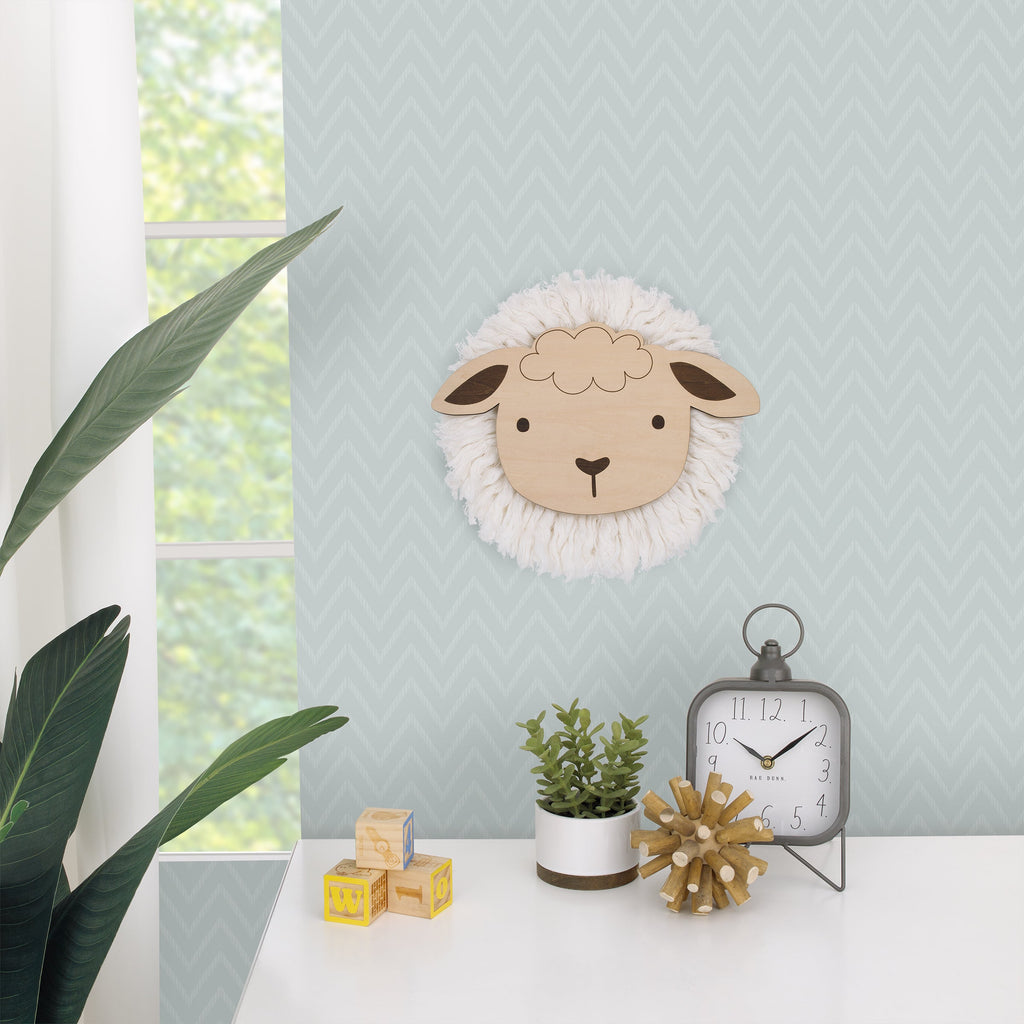 Natural Wood Sheep Wall Decor with Ivory Yarn Wool
