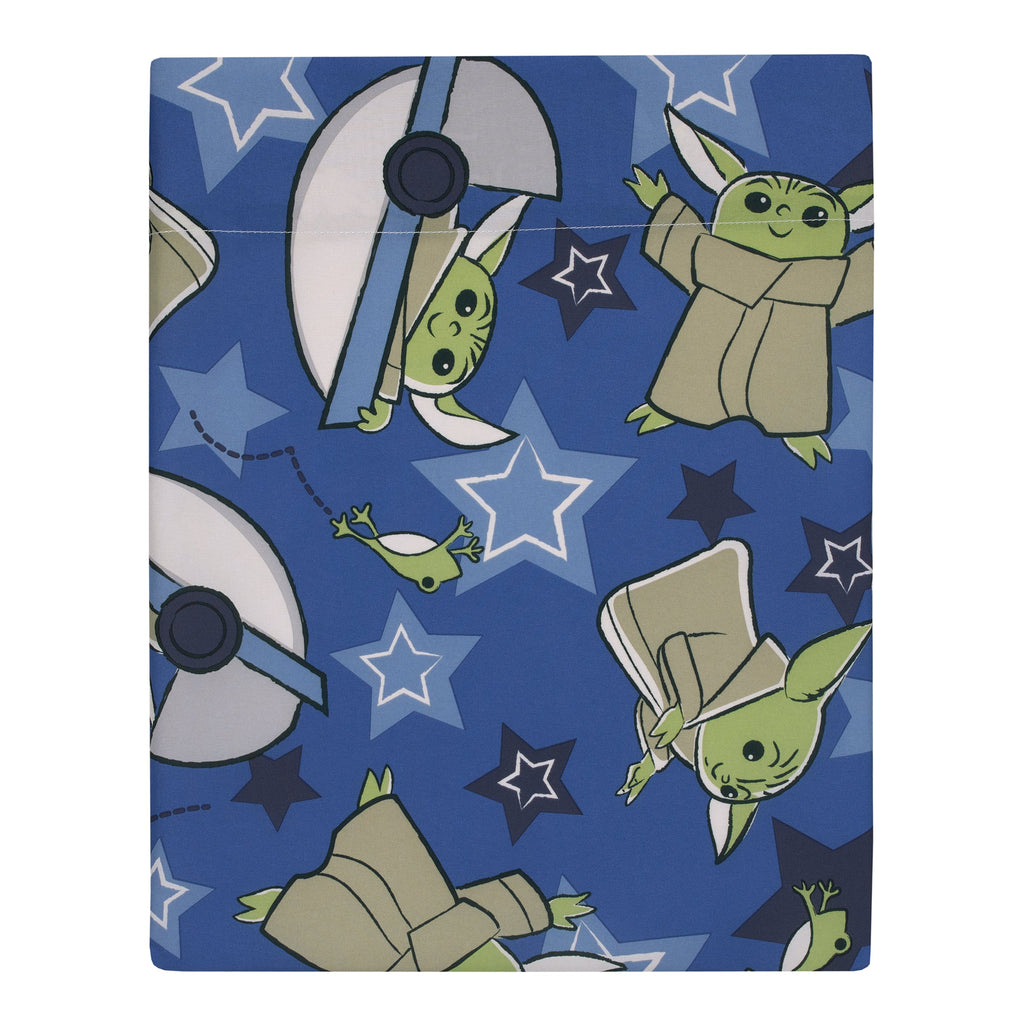 The Child Cutest in the Galaxy Blue, Green and Gray, "Too Cute" Grogu, Stars, Hover Pod, and Sorgan Frog 4 Piece Toddler Bed Set - Comforter, Fitted Bottom Sheet, Flat Top Sheet, and Reversible Pillowcase