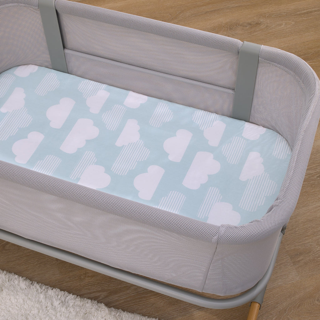 Cozy-Up 2-in-1 Bedside Sleeper Blue and White Clouds 100% Cotton Fitted Bassinet Sheet