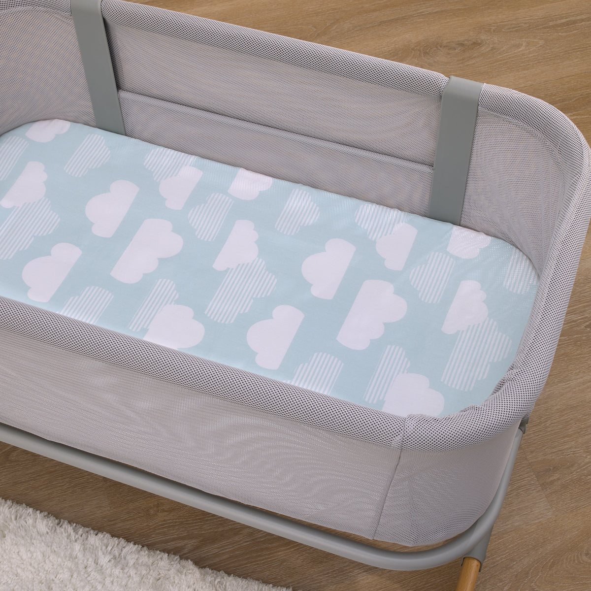 Cozy-Up 2-in-1 Bedside Sleeper Blue and White Clouds 100% Cotton Fitted Bassinet Sheet