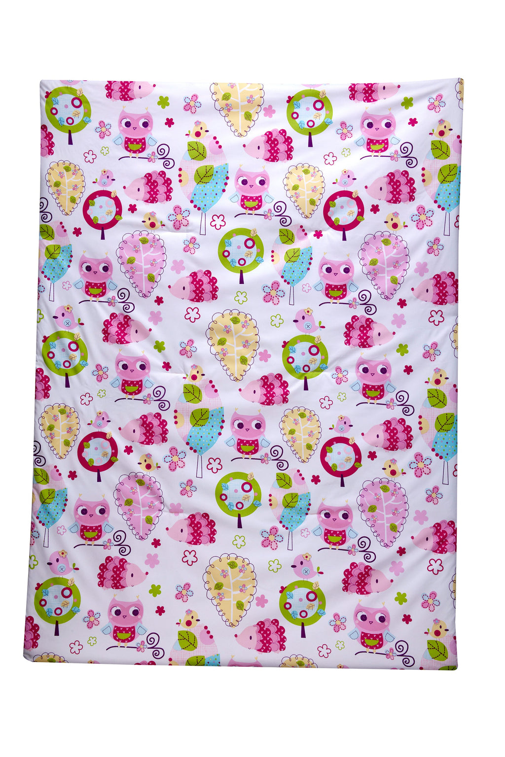 Everything Kids Hoot Hoot Pink, Aqua, Green and White 4 Piece Toddler Bed Set - Comforter, Fitted Bottom Sheet, Flat Top Sheet, Reversible Pillowcase