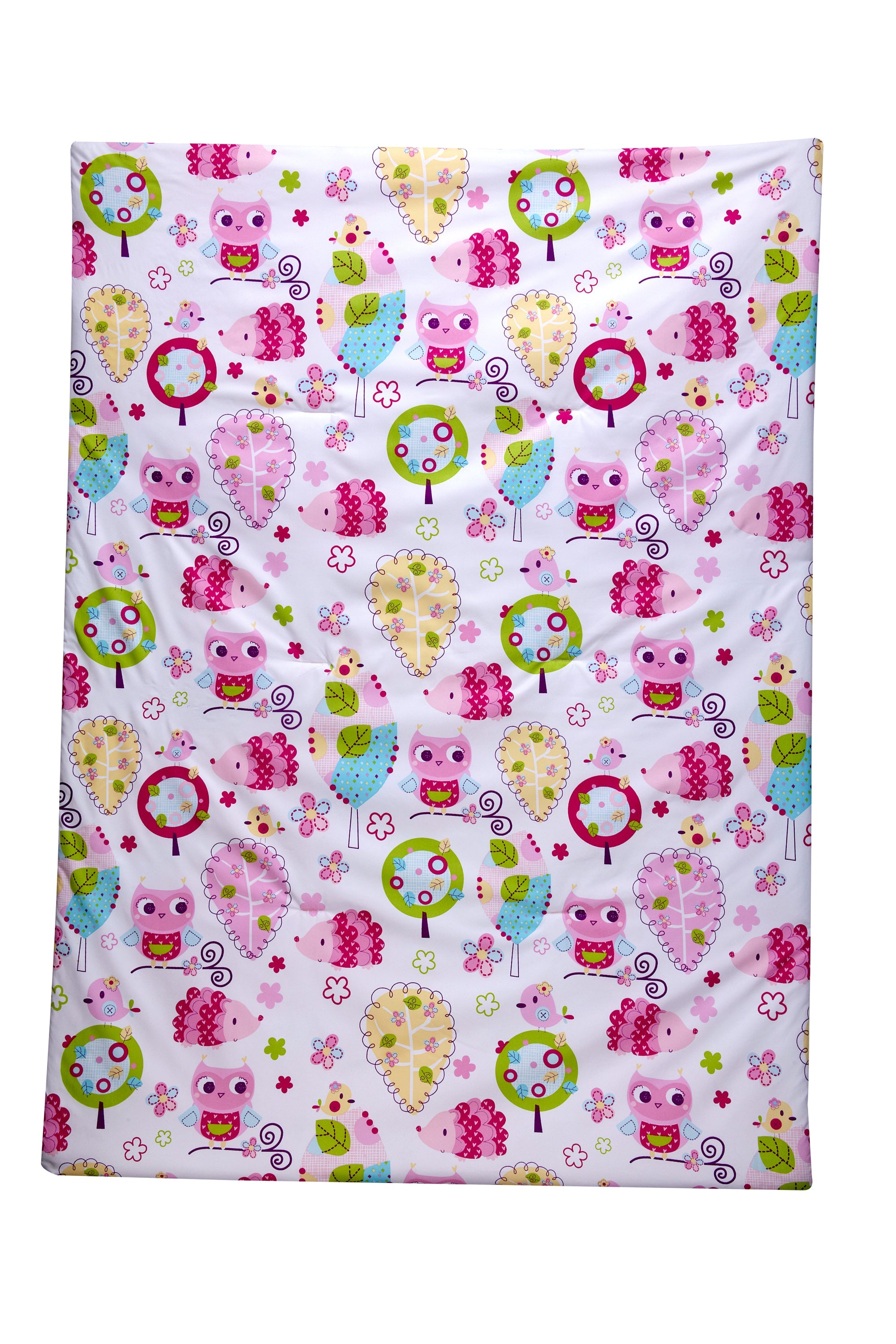 Everything Kids Hoot Hoot Pink, Aqua, Green and White 4 Piece Toddler Bed Set - Comforter, Fitted Bottom Sheet, Flat Top Sheet, Reversible Pillowcase