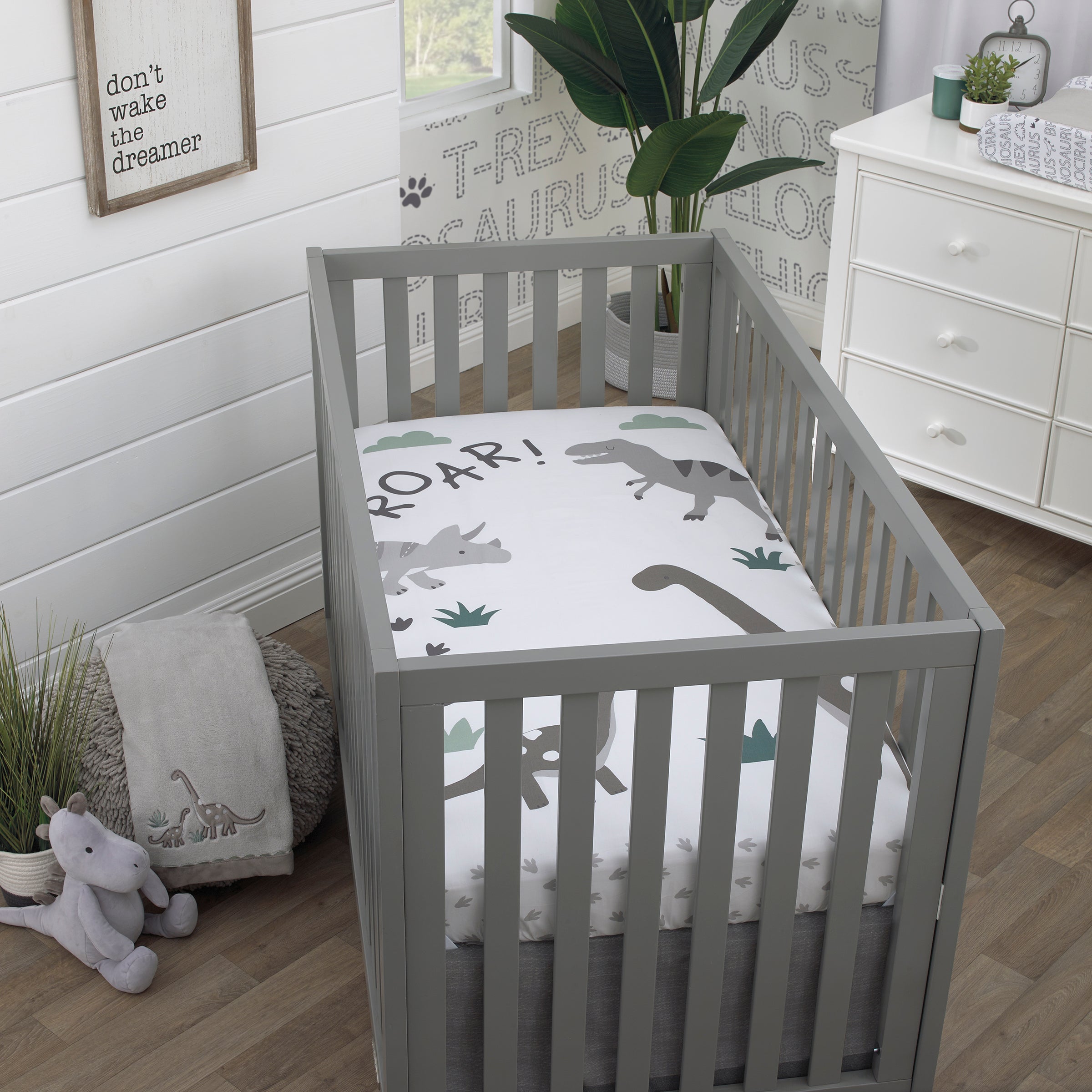 Baby-Saurus Photo Op ROAR White, Gray, and Green Dinosaur with Clouds Nursery Fitted Crib Sheet