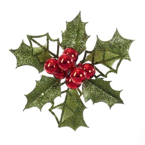 Glitter Holly Leaves With Berry Clip-On Ornament -