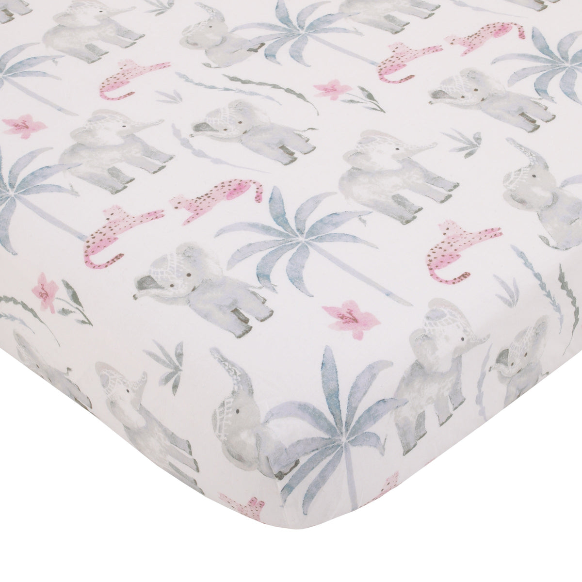 Tropical Princess Elephant/Jungle Pink and Green 100% Cotton Fitted Crib Sheet