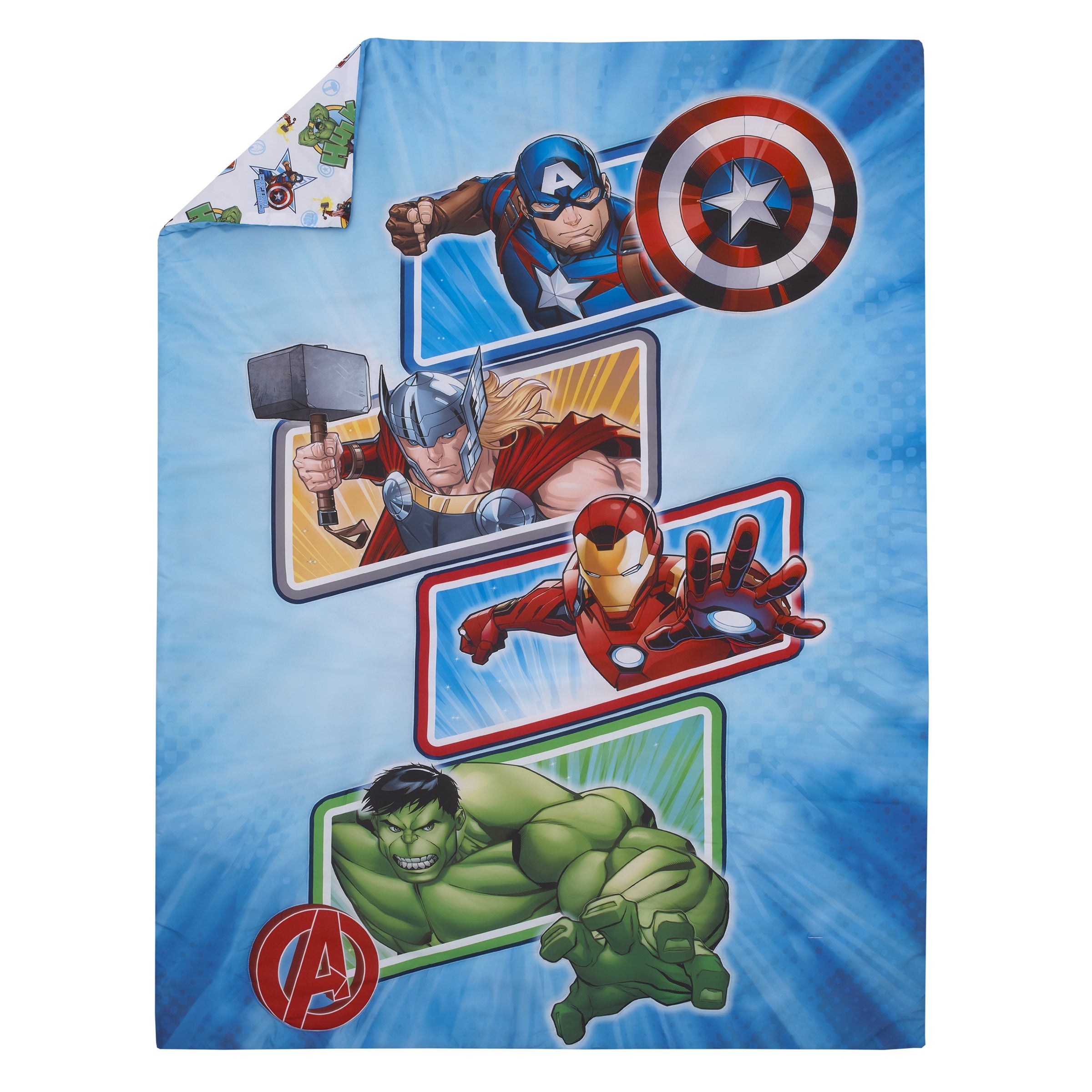 The Avengers I Am A Hero Blue, Green, Red, and Yellow 4 Piece Toddler Bed Set - Comforter, Fitted Bottom Sheet, Flat Top Sheet, and Reversible Pillowcase