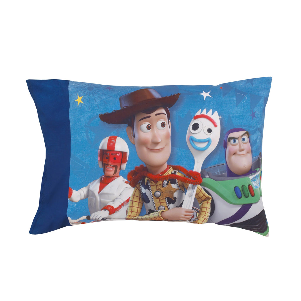 Disney Toy Story 4 - Blue, Green, Red and White 2 Pack Toddler Fitted Crib Sheet and Standard Size Pillowcase Set