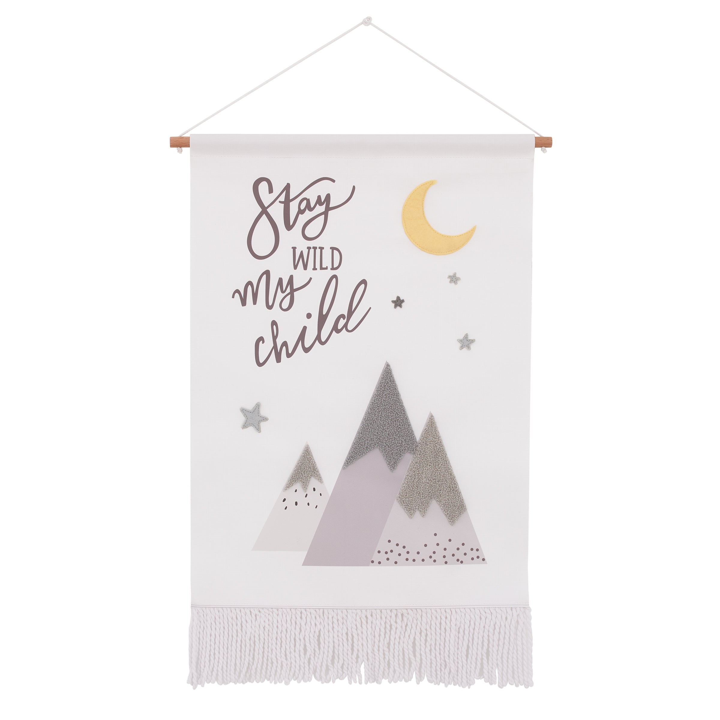 Stay Wild My Child White, Gray and Yellow Mountains, and Crescent Moon Wall DÃ©cor Banner