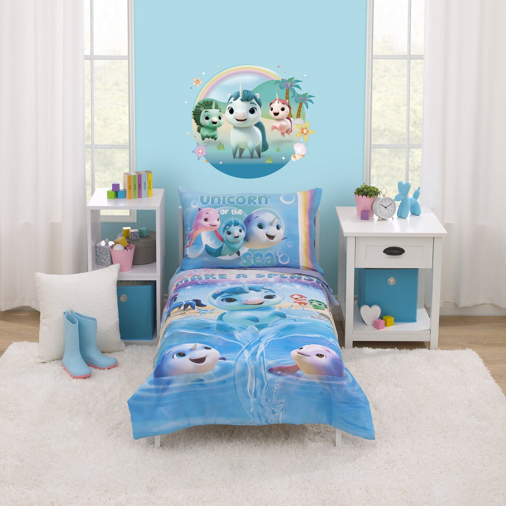 Not Quiet Narwhal Make A Splash Blue and Lavender, Unicorn Kelp, and Friends 4 Piece Toddler Bed Set - Comforter, Fitted Bottom Sheet, Flat Top Sheet, and Reversible Pillowcase