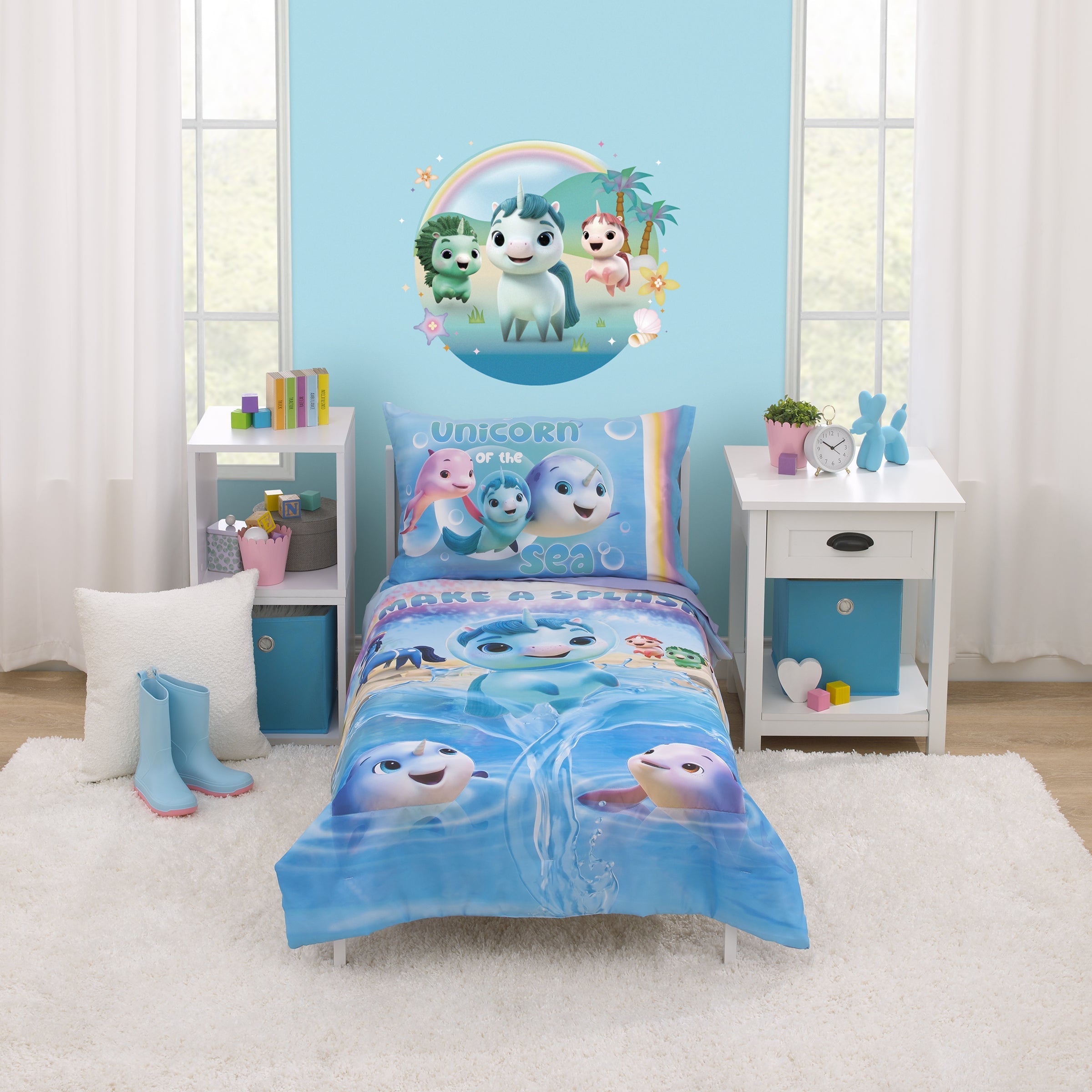 Not Quiet Narwhal Make A Splash Blue and Lavender, Unicorn Kelp, and Friends 4 Piece Toddler Bed Set - Comforter, Fitted Bottom Sheet, Flat Top Sheet, and Reversible Pillowcase