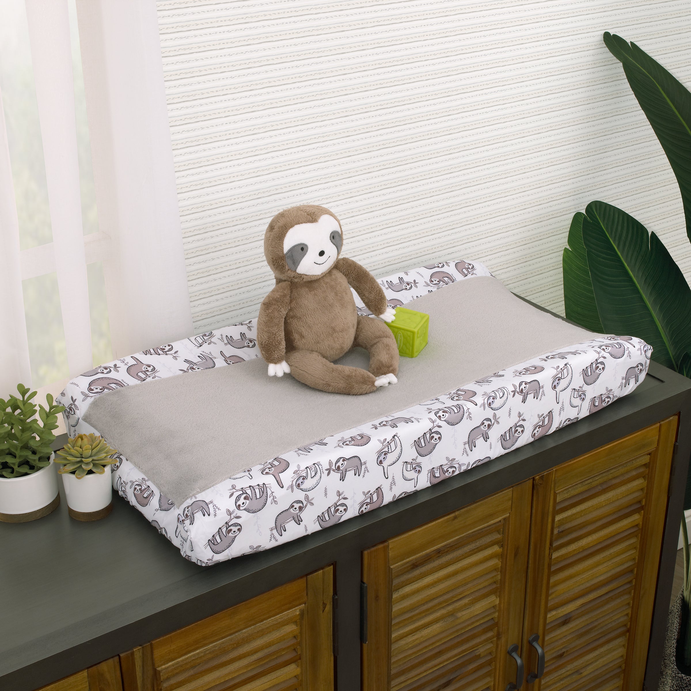 Sloth Let's Hang Out Grey and White Changing Pad Cover