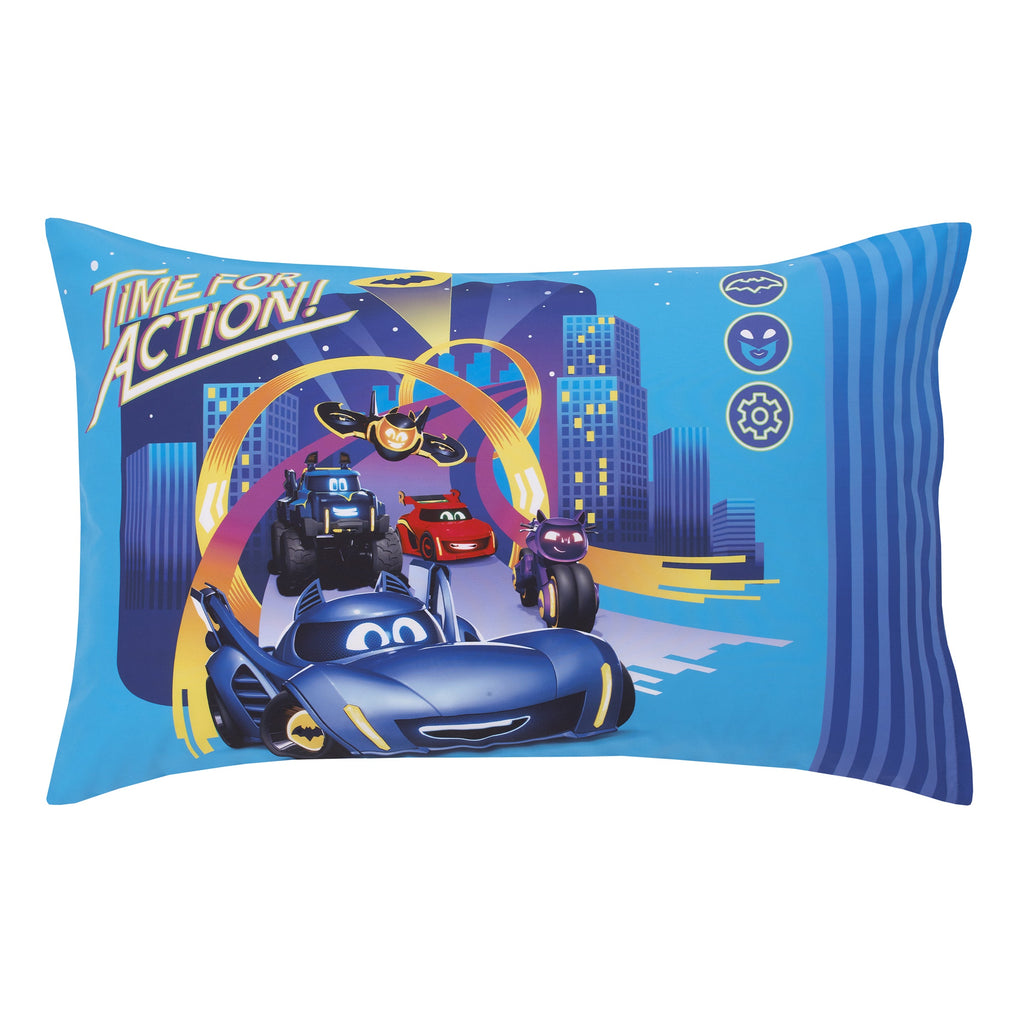 Warner Bros  Batwheels Ready to Roll Blue, Red, and Yellow 4 Piece Toddler Bed Set - Comforter, Fitted Bottom Sheet, Flat Top Sheet and Reversible Pillowcase