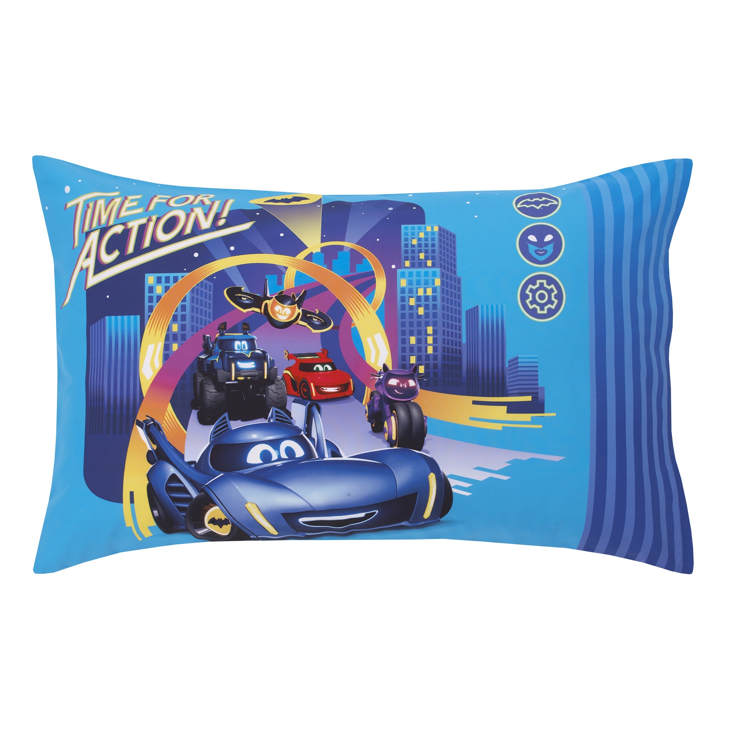 Warner Bros  Batwheels Ready to Roll Blue, Red, and Yellow 4 Piece Toddler Bed Set - Comforter, Fitted Bottom Sheet, Flat Top Sheet and Reversible Pillowcase