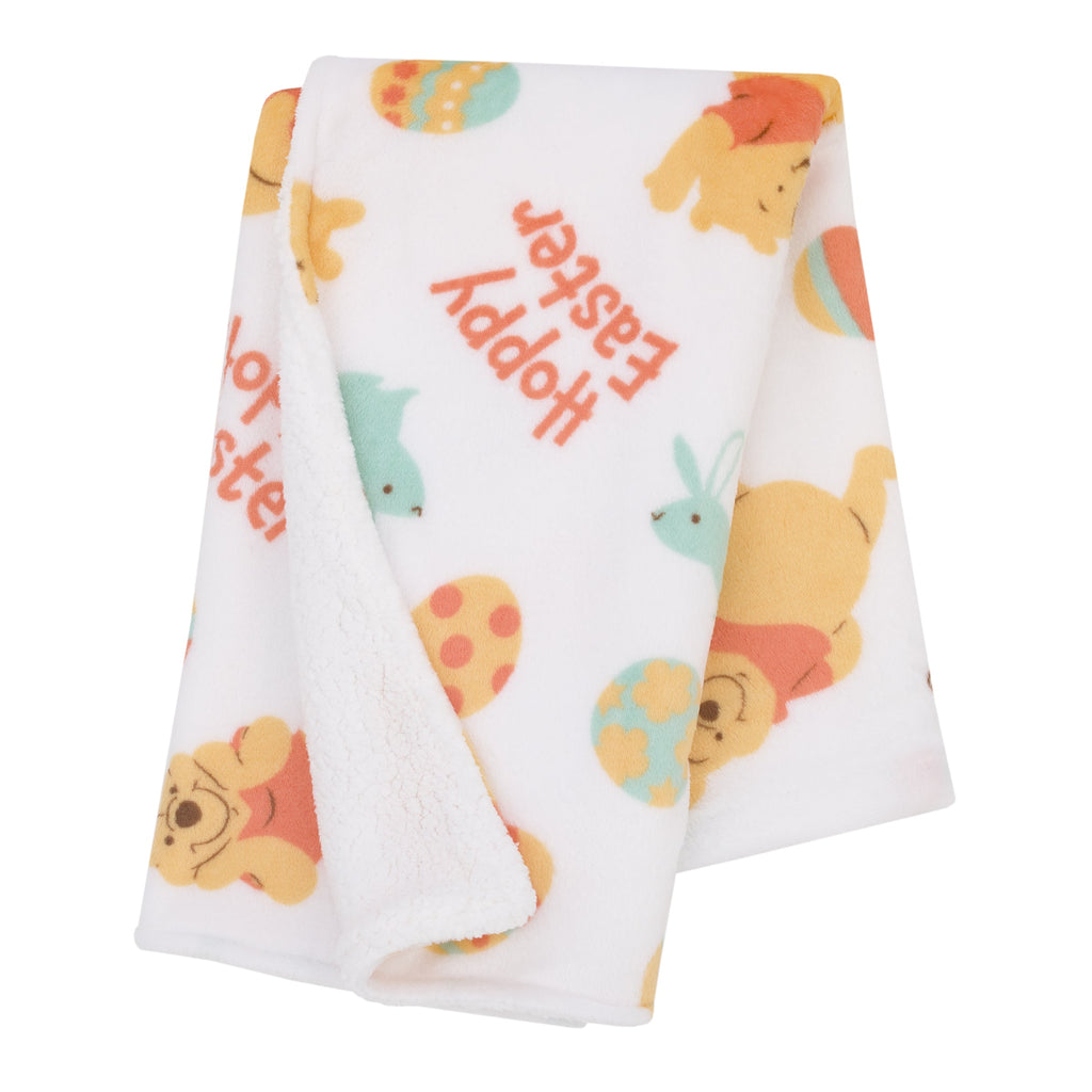Winnie the Pooh Aqua, Tan, Red, and White Hoppy Easter Super Soft Sherpa Baby Blanket