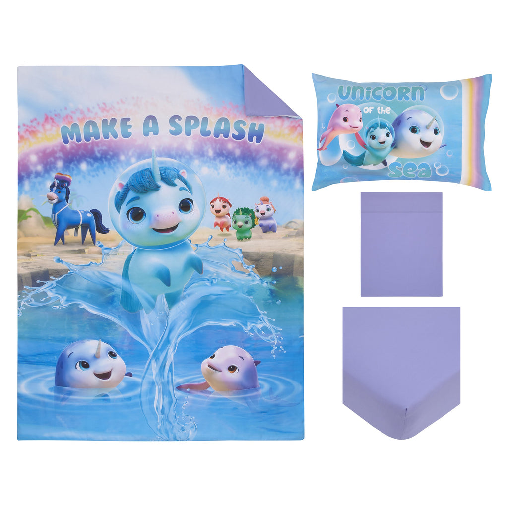 Not Quiet Narwhal Make A Splash Blue and Lavender, Unicorn Kelp, and Friends 4 Piece Toddler Bed Set - Comforter, Fitted Bottom Sheet, Flat Top Sheet, and Reversible Pillowcase