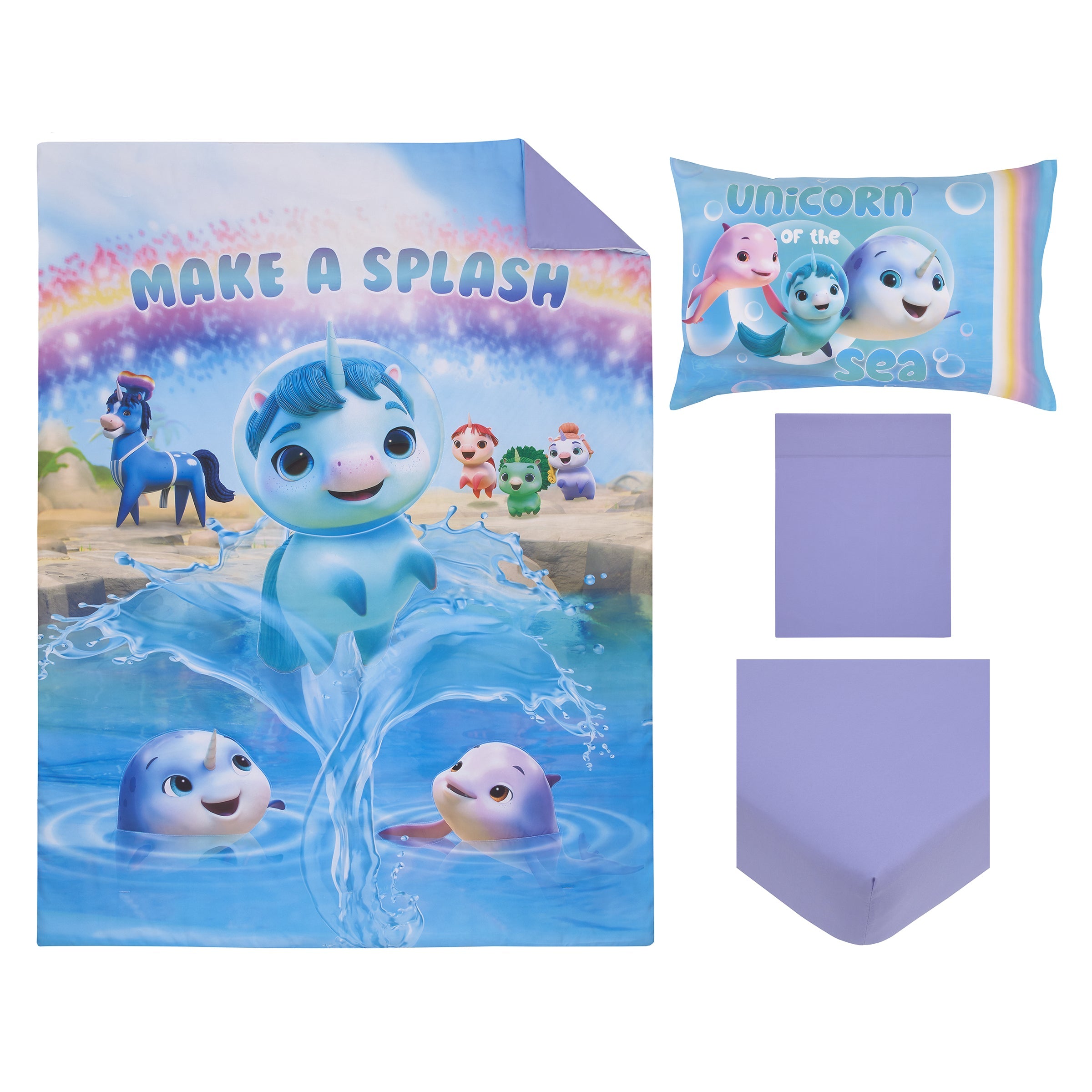 Not Quiet Narwhal Make A Splash Blue and Lavender, Unicorn Kelp, and Friends 4 Piece Toddler Bed Set - Comforter, Fitted Bottom Sheet, Flat Top Sheet, and Reversible Pillowcase