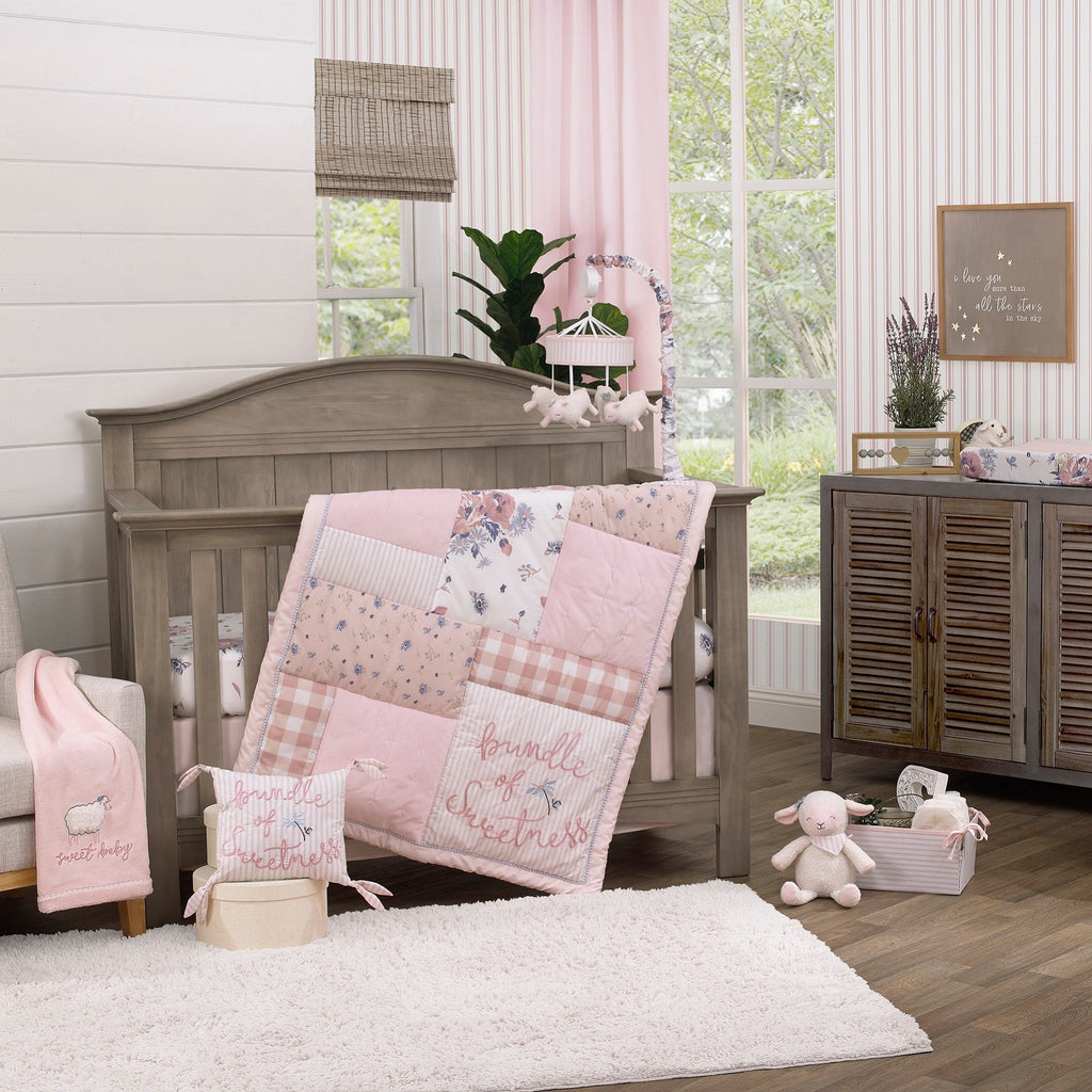 NoJo Farmhouse Chic Pink and White Stripe Lamb and Floral Musical Mobile