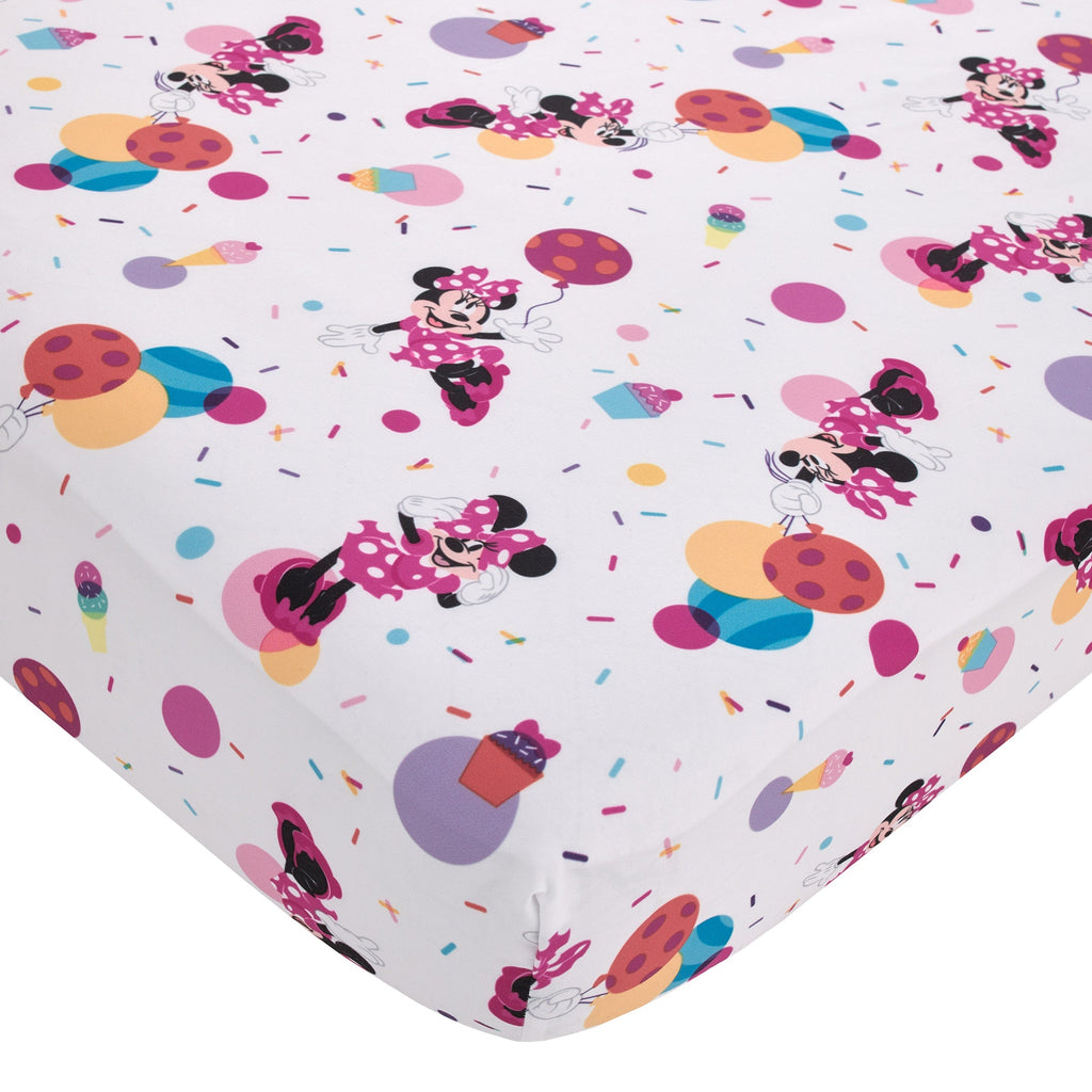 Disney Minnie Mouse Let's Party Pink, Lavender, and White Balloons, Cupcakes, and Confetti 2 Piece Toddler Sheet Set - Fitted Bottom Sheet and Reversible Pillowcase