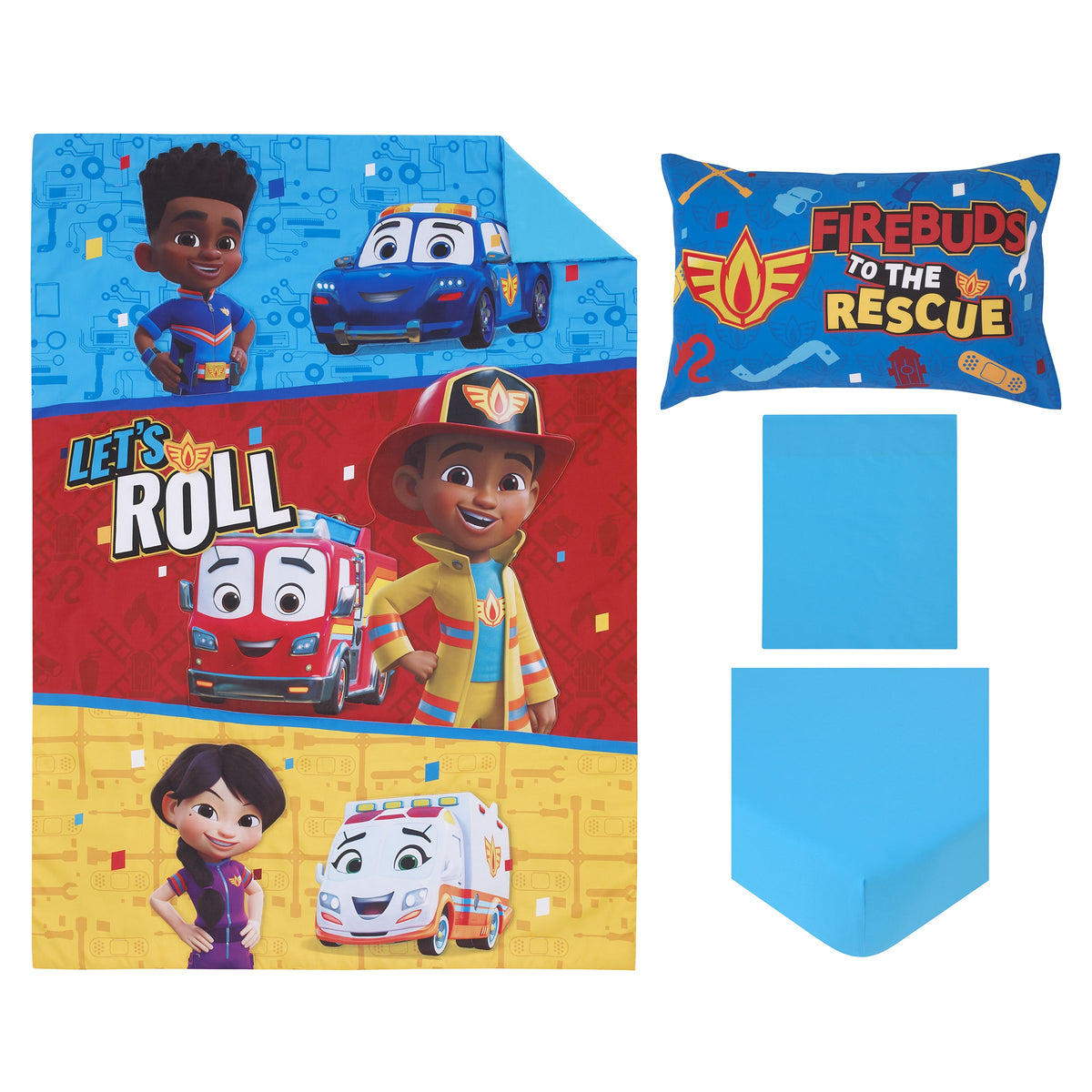 Firebuds Let's Roll Red, Blue, and Yellow First Responders 4 Piece Toddler Bed Set - Comforter, Fitted Bottom Sheet, Flat Top Sheet, and Reversible Pillowcase