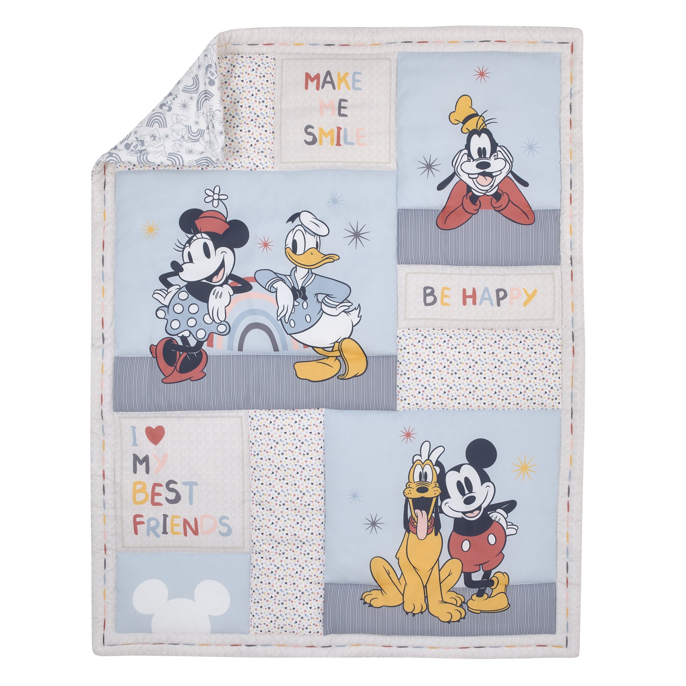Mickey and Friends Blue, Oatmeal, and Red Mickey Mouse, Minnie Mouse, Donald Duck, Pluto and Goofy 3 Piece Nursery Mini Crib Bedding Set - Comforter and Two Fitted Mini Crib Sheets