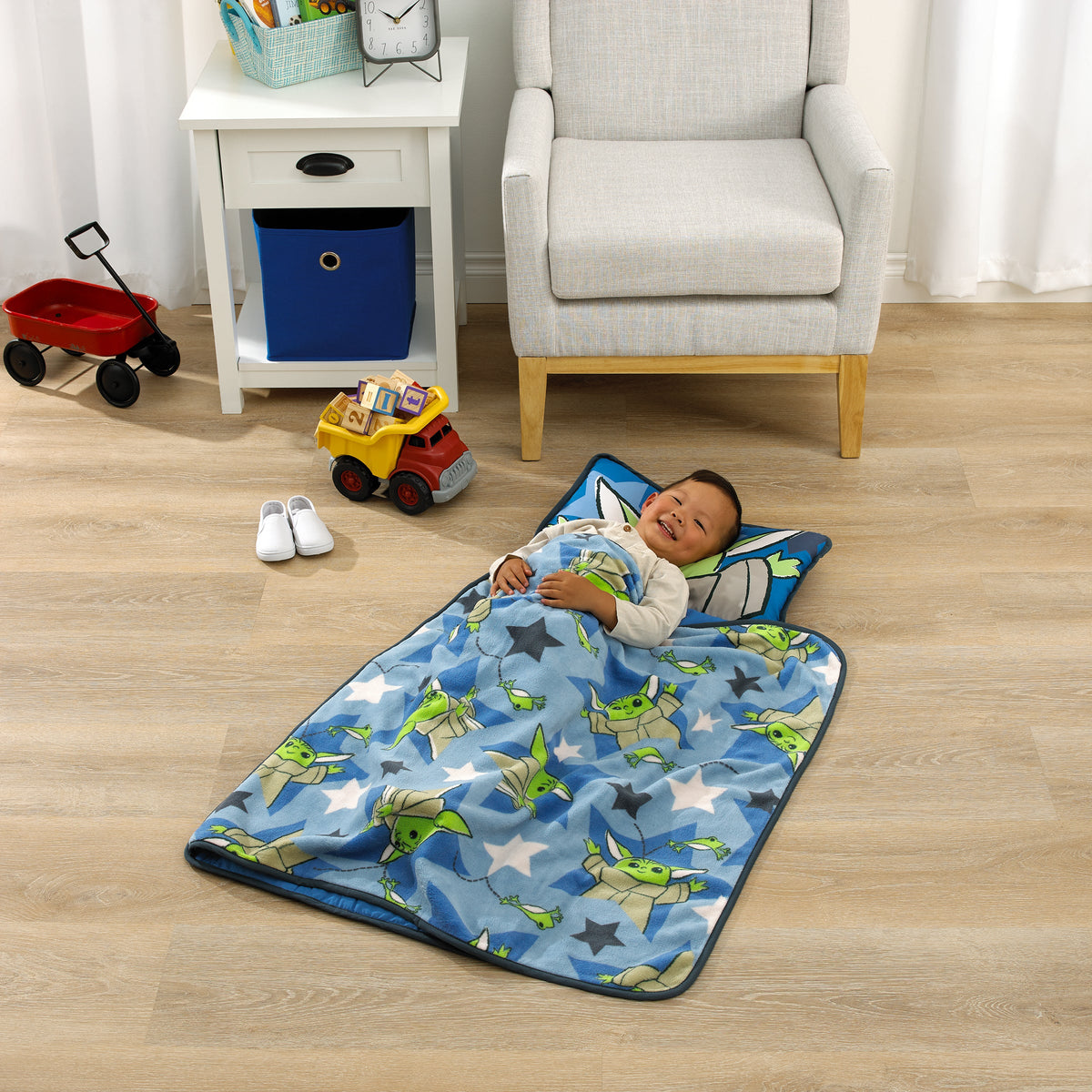 The Child Cutest in the Galaxy Blue, Green and Gray Grogu, Hover Pod, and Stars Toddler Nap Mat