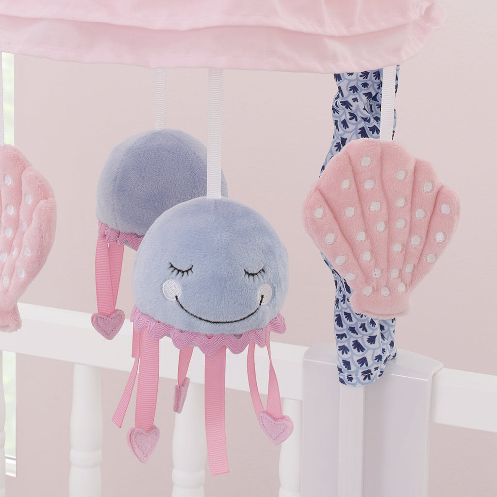 Mermaid Lagoon Pink and Blue Seashells and Jellyfish Ruffled Carousel Style Musical Mobile
