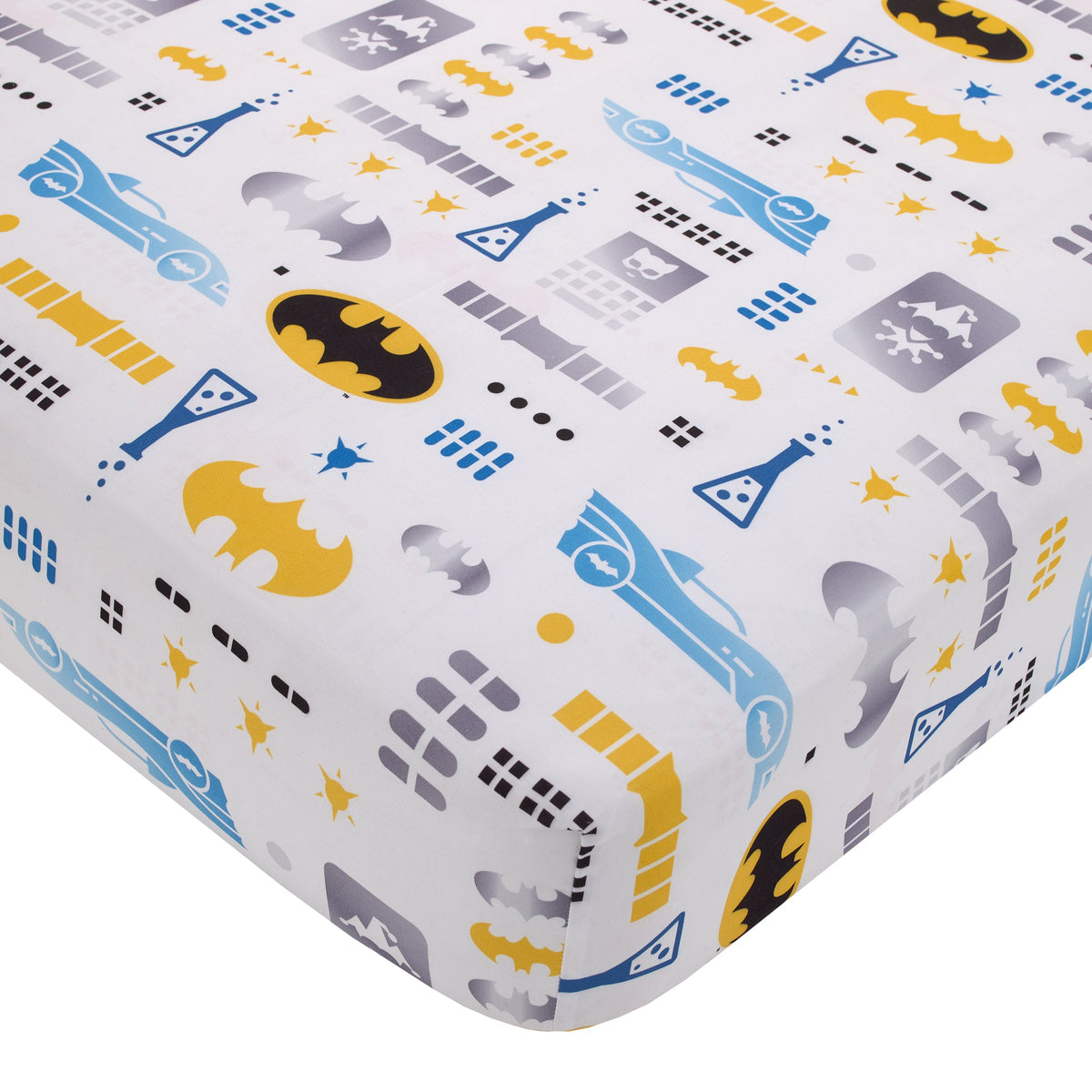Warner Bros  Batman The Caped Crusader Navy, Gray, and Yellow Bat-Signal 4 Piece Toddler Bed Set - Comforter, Fitted Bottom Sheet, Flat Top Sheet and Reversible Pillowcase