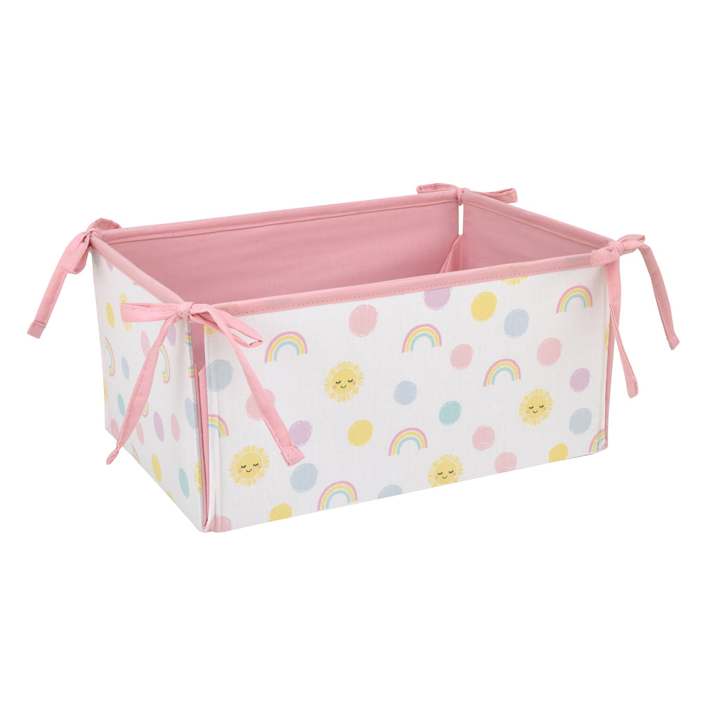 Happy Days Pink, White, and Yellow Rainbows and Sunshine 4 Piece Nursery Crib Bedding Set - Comforter, 100% Cotton Fitted Crib Sheet, Crib Skirt and Reversible Storage