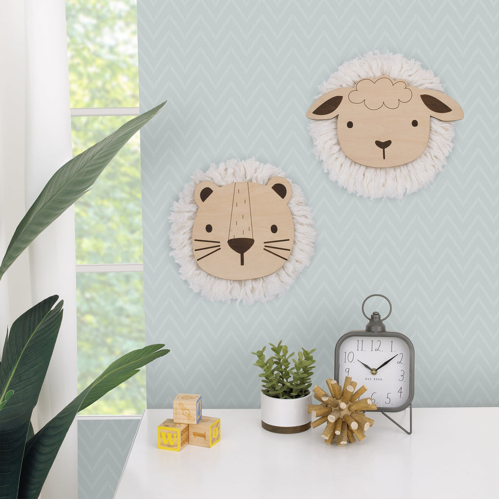 Natural Wood Sheep Wall Decor with Ivory Yarn Wool
