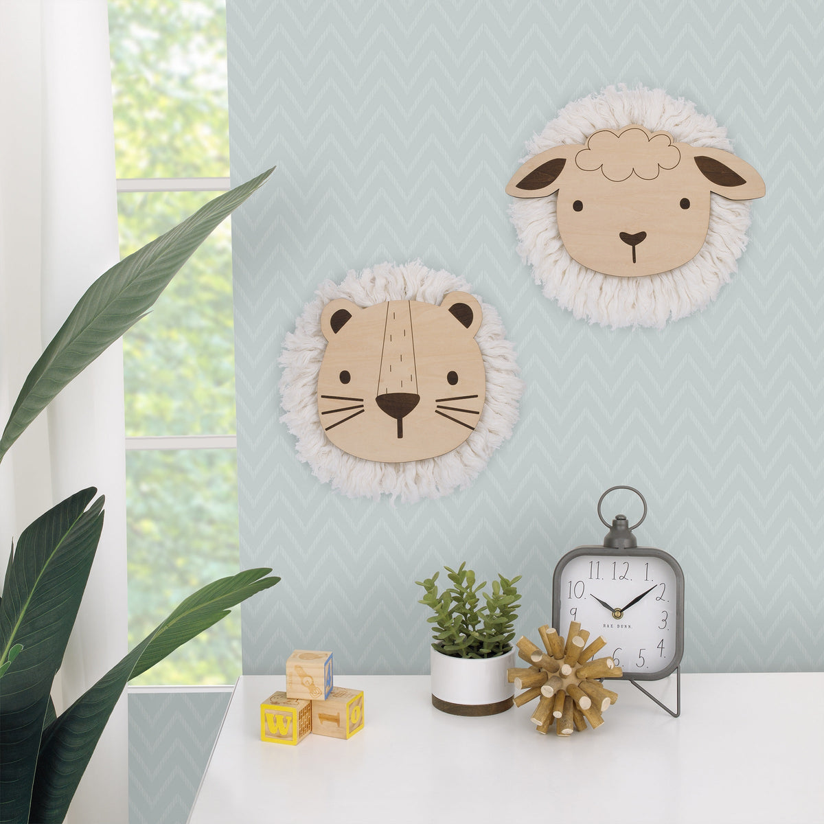 Natural Wood Sheep Wall Decor with Ivory Yarn Wool