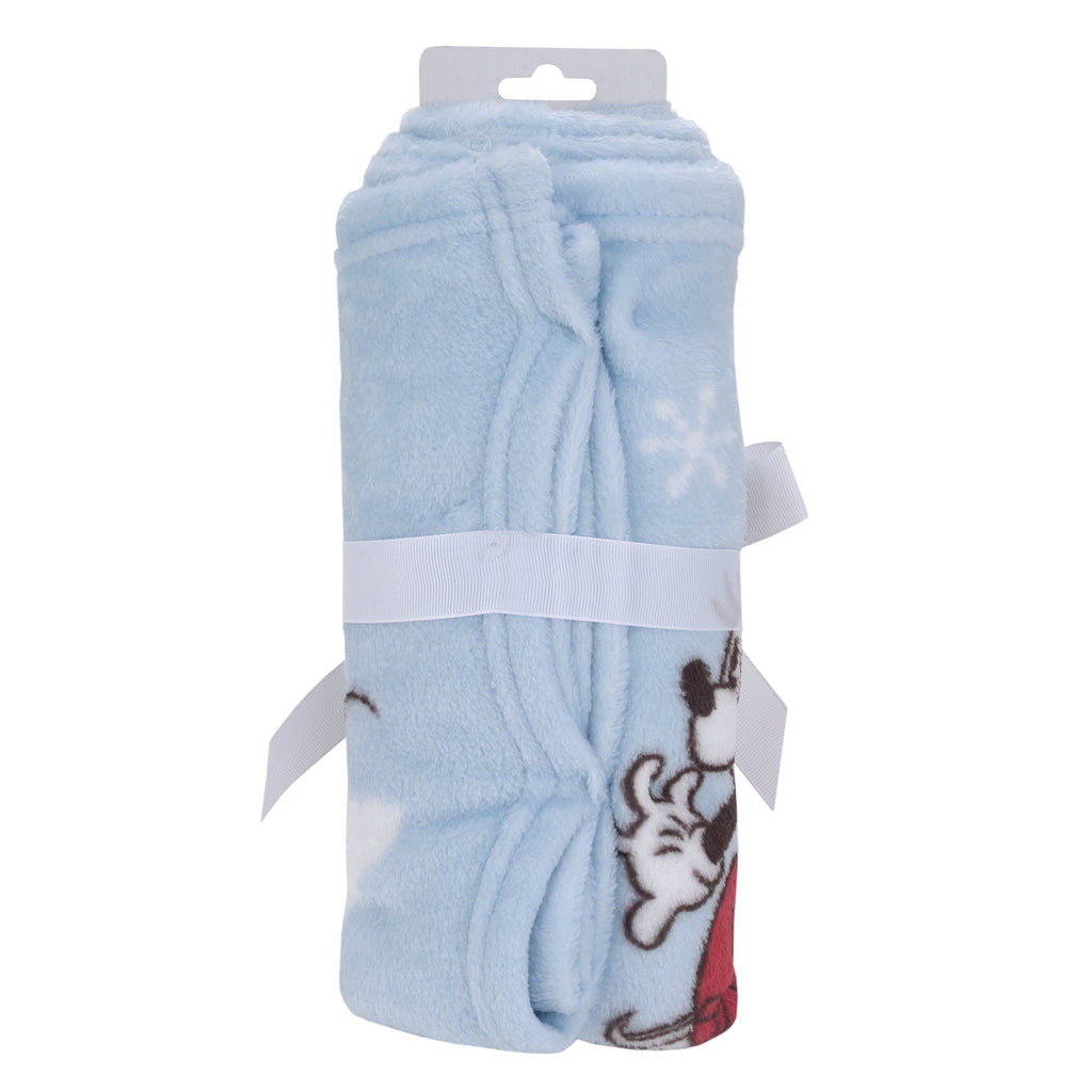 Disney Mickey and Minnie Mouse Blue, White and Red Winter Holiday "Oh, What Fun!" Snowflakes Photo Op Super Soft Baby Blanket