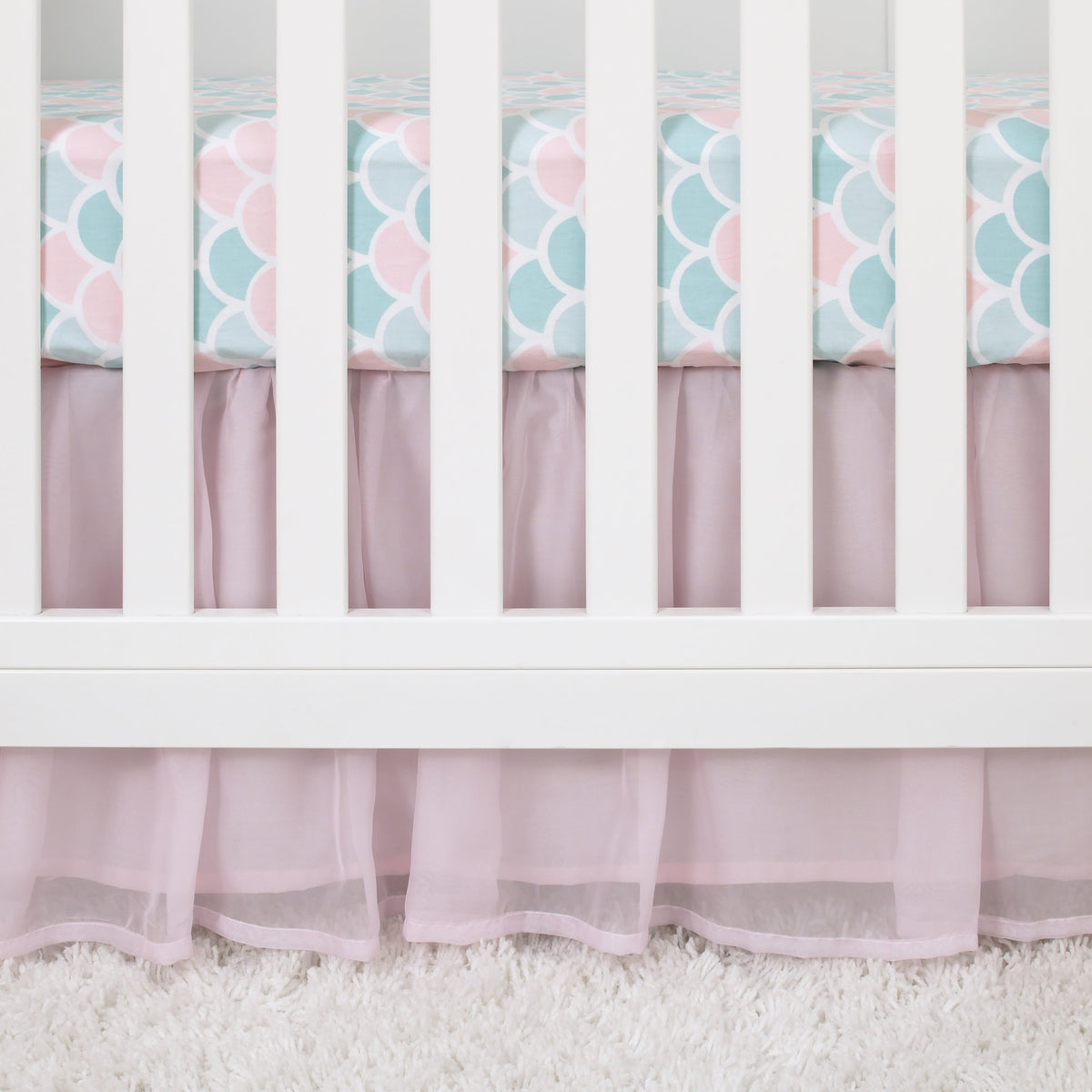 Sugar Reef Mermaid 4 Piece Nursery Crib Bedding Set - Appliqued Round Play Quilt, 100% Cotton Fitted Crib Sheet, Shirred Crib Skirt with 16" Drop, Nursery Organizer