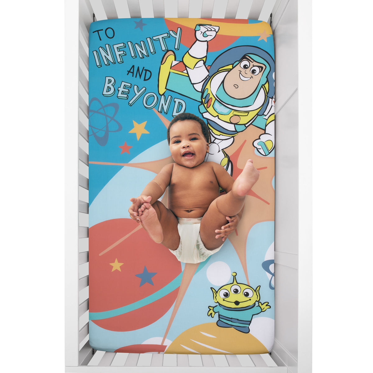 Disney Toy Story Buzz Lightyear Blue and Orange Blast Off To Infiniti and Beyond 100% Cotton Photo Op Fitted Crib Sheet