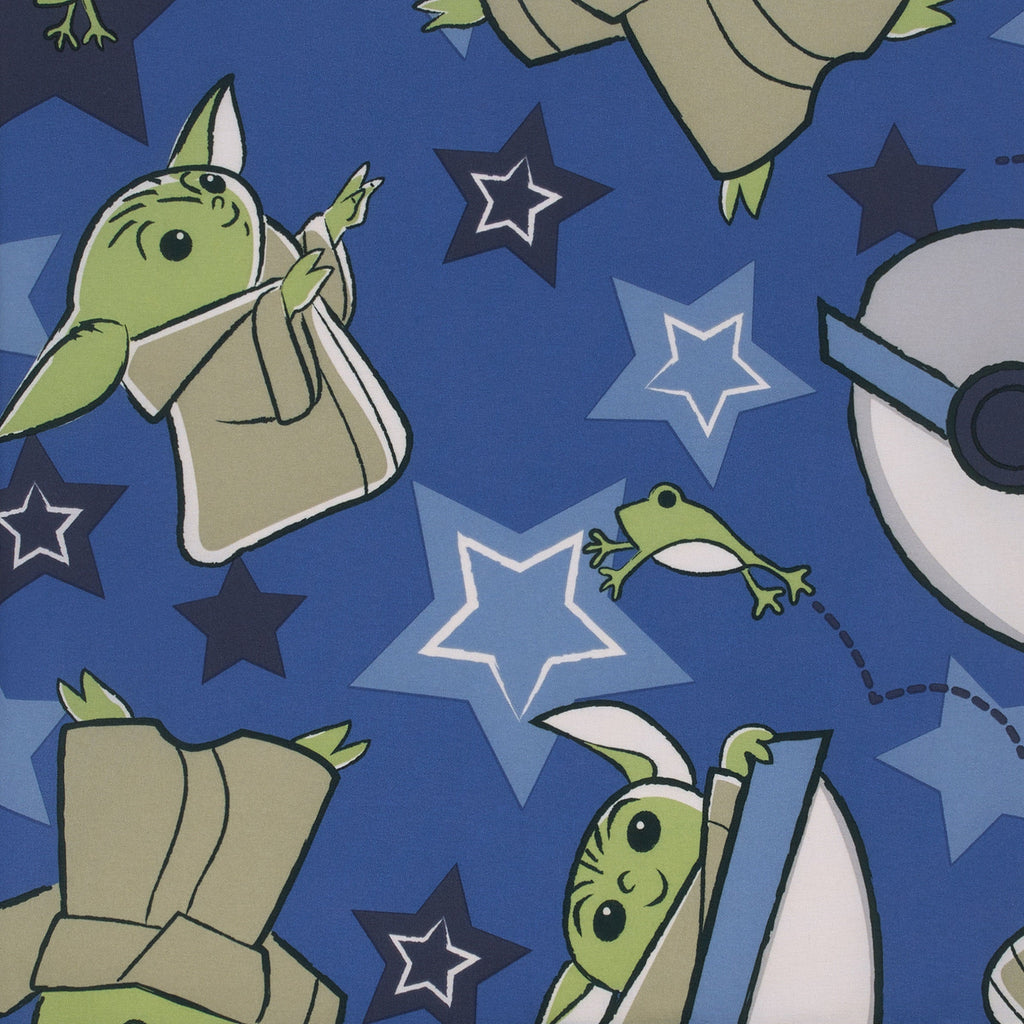 The Child Cutest in the Galaxy Blue, Green and Gray Grogu, Hover Pod, and Stars Preschool Nap Pad Sheet