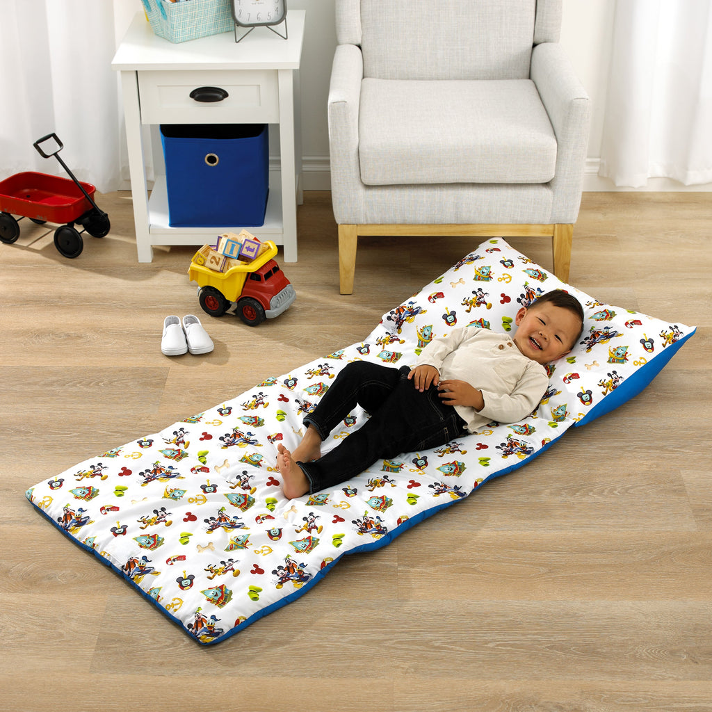 Mickey Mouse Funhouse Crew Blue, Red and Yellow, Funny,  Donald Duck, Goofy and Pluto Deluxe Easy Fold Toddler Nap Mat