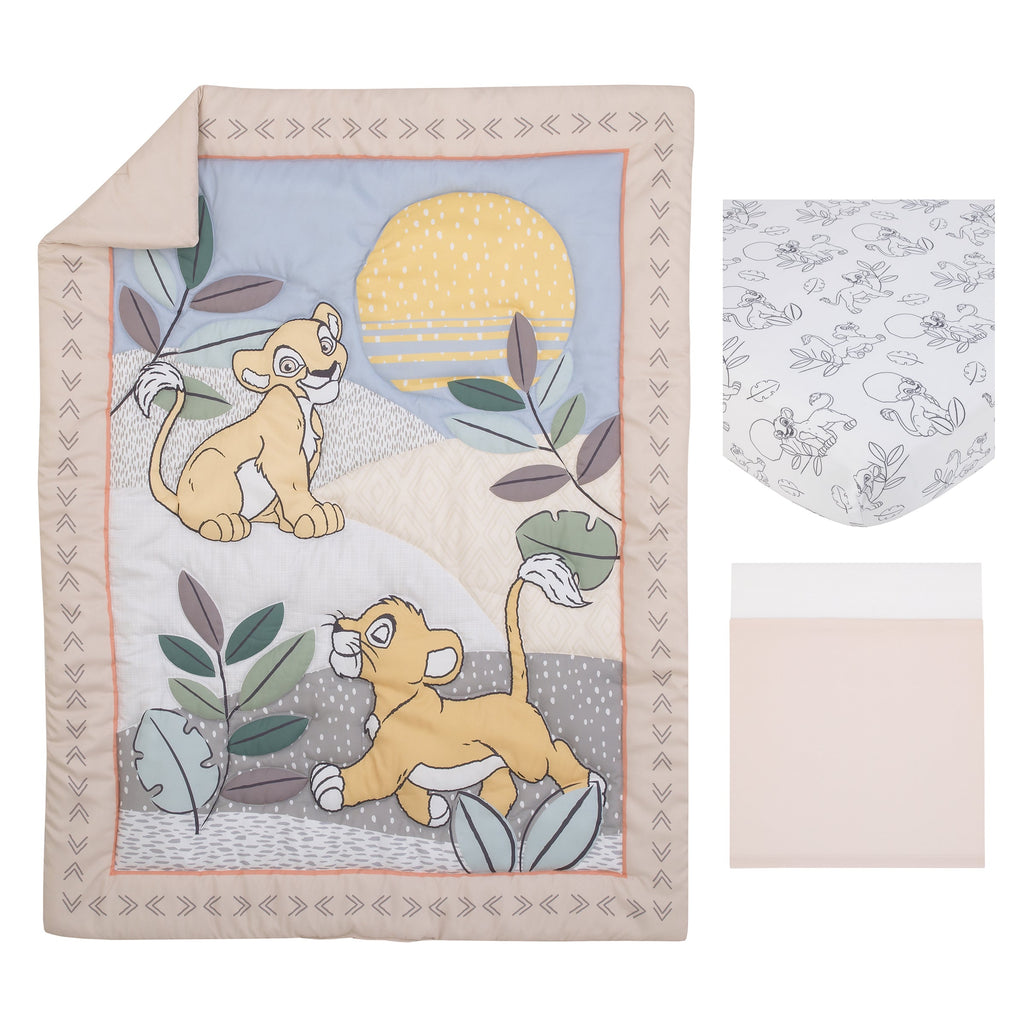 Lion King Leader of the Pack Grey, Sage, Ivory and Yellow 3 Piece Nursery Crib Bedding Set - Comforter, Fitted Crib Sheet, and Crib Skirt