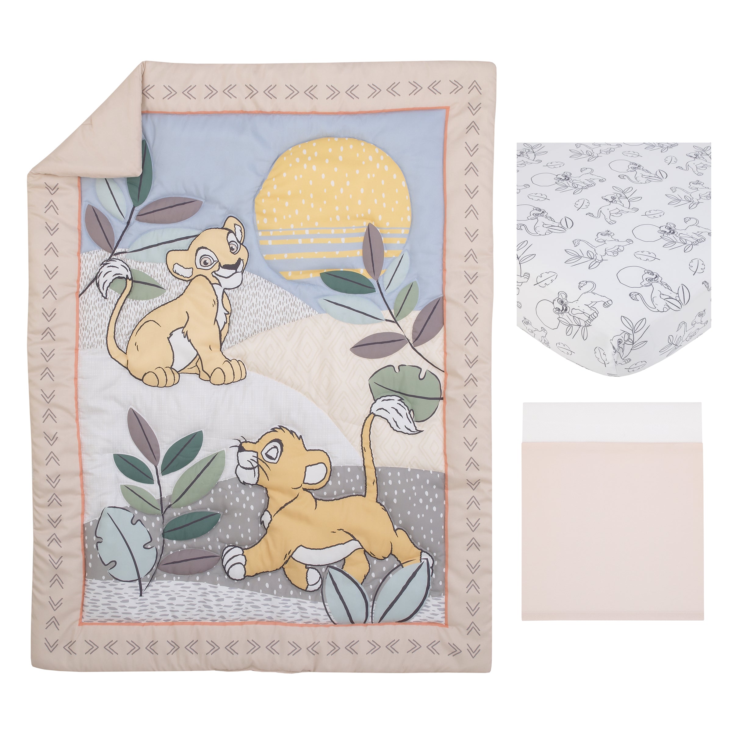 Lion King Leader of the Pack Grey, Sage, Ivory and Yellow 3 Piece Nursery Crib Bedding Set - Comforter, Fitted Crib Sheet, and Crib Skirt