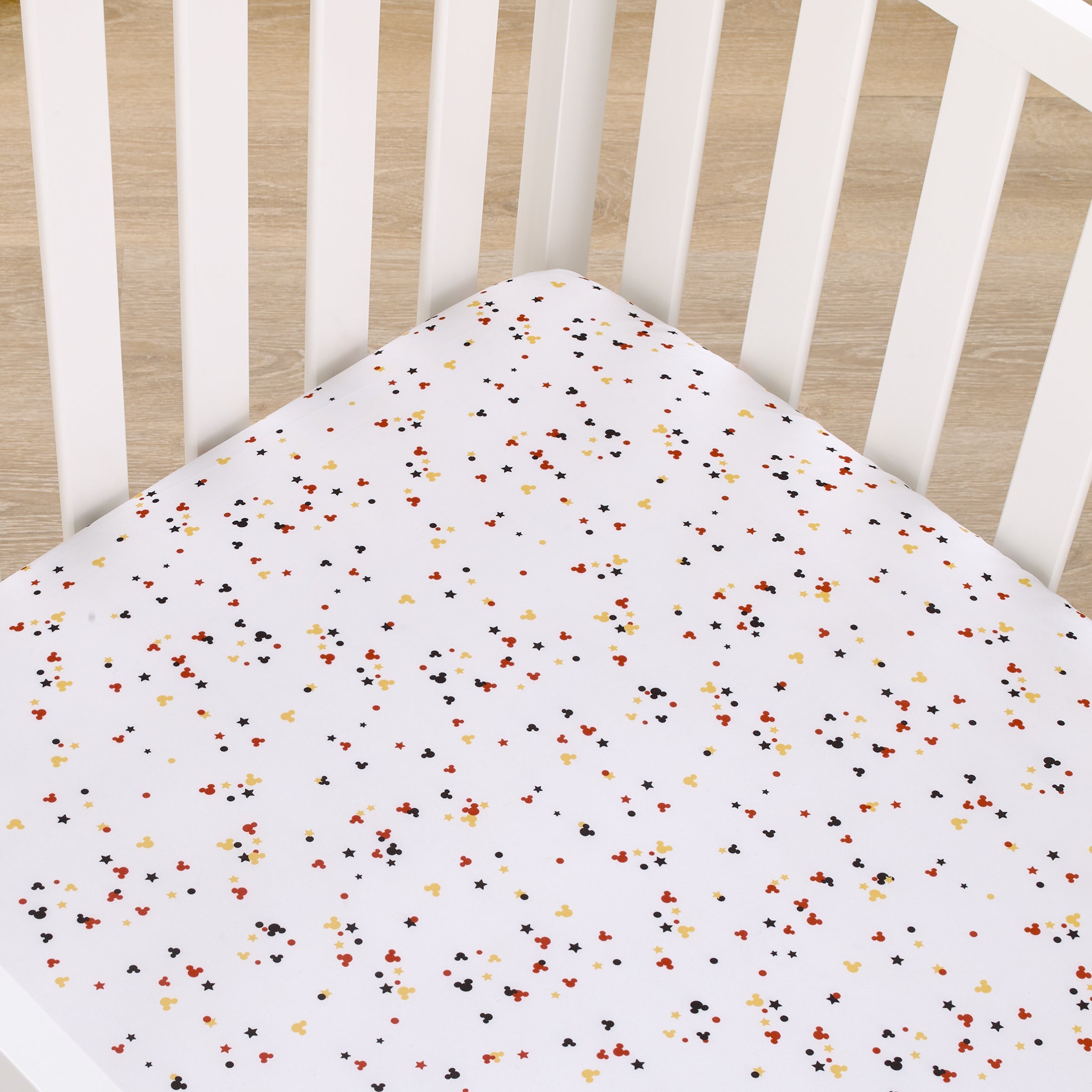 Mickey Mouse - Red, Yellow, Black and White Mickey Confetti Nursery Fitted Crib Sheet