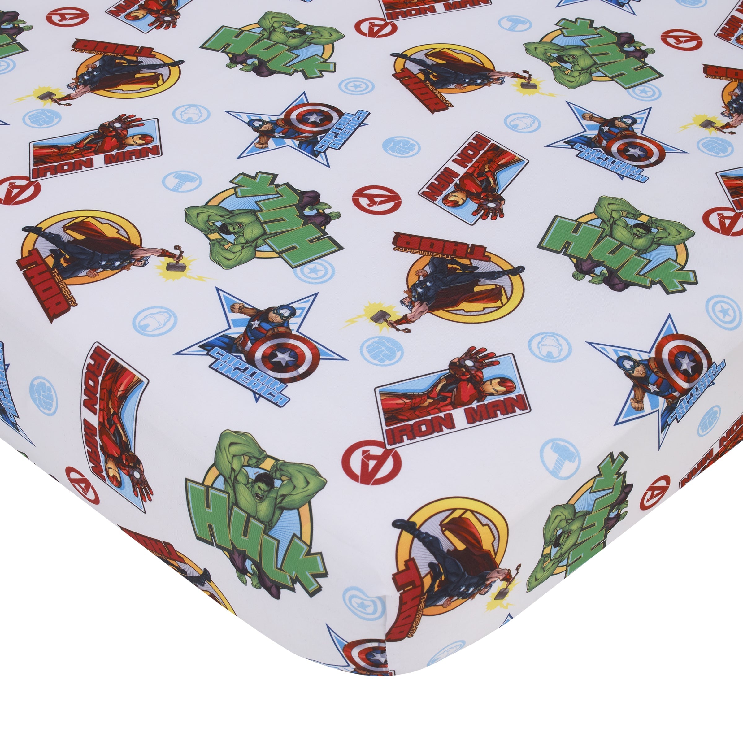 The Avengers I Am A Hero Blue, Green, Red, and Yellow 4 Piece Toddler Bed Set - Comforter, Fitted Bottom Sheet, Flat Top Sheet, and Reversible Pillowcase