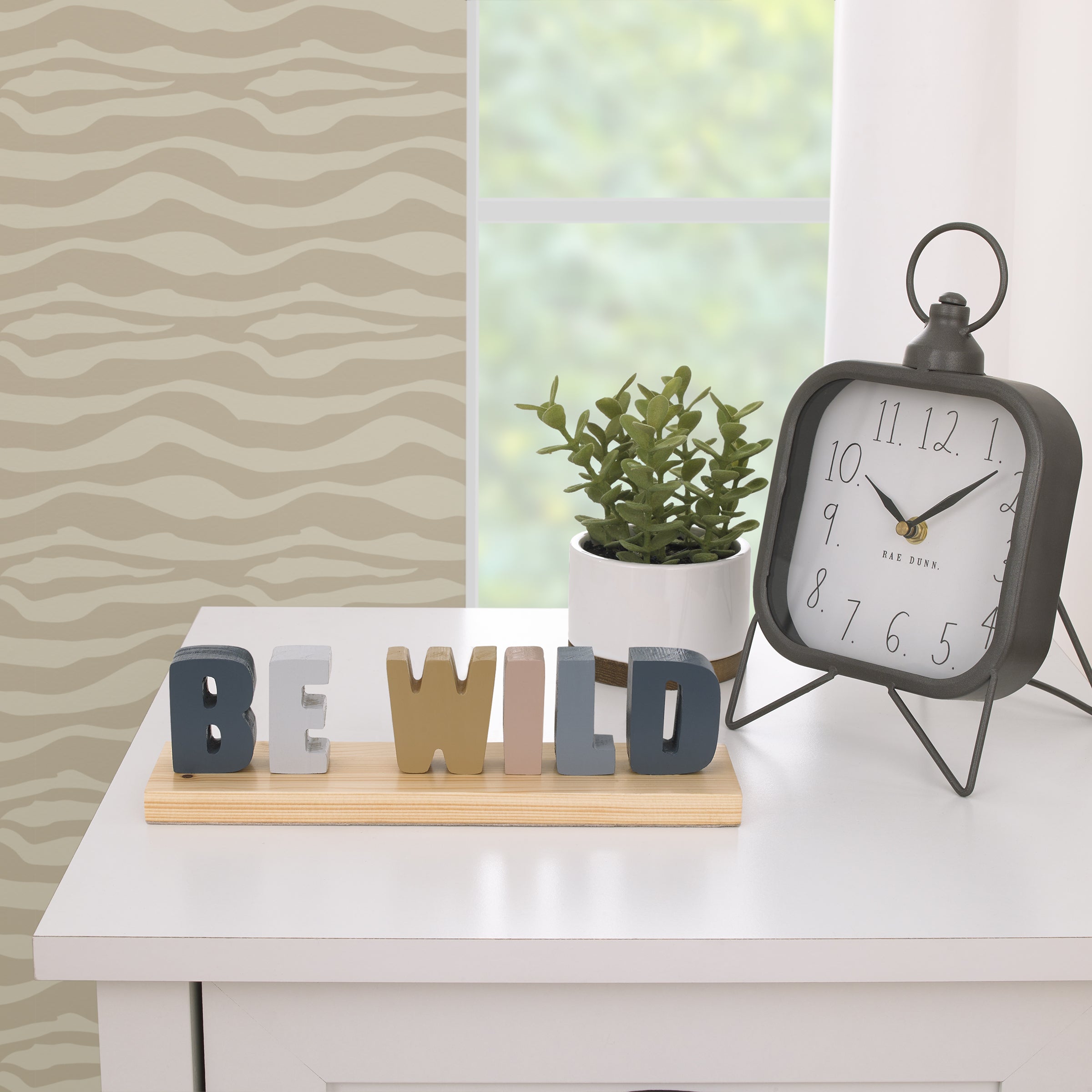 Be Wild Shelfie Room DÃ©cor Blue, Gray, Gold and Cream Letters on Natural Wood Base
